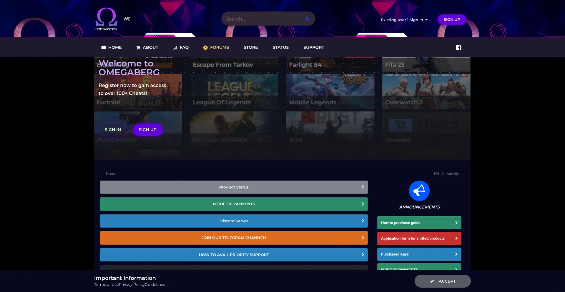 Website screenshot of Omegaberg.com