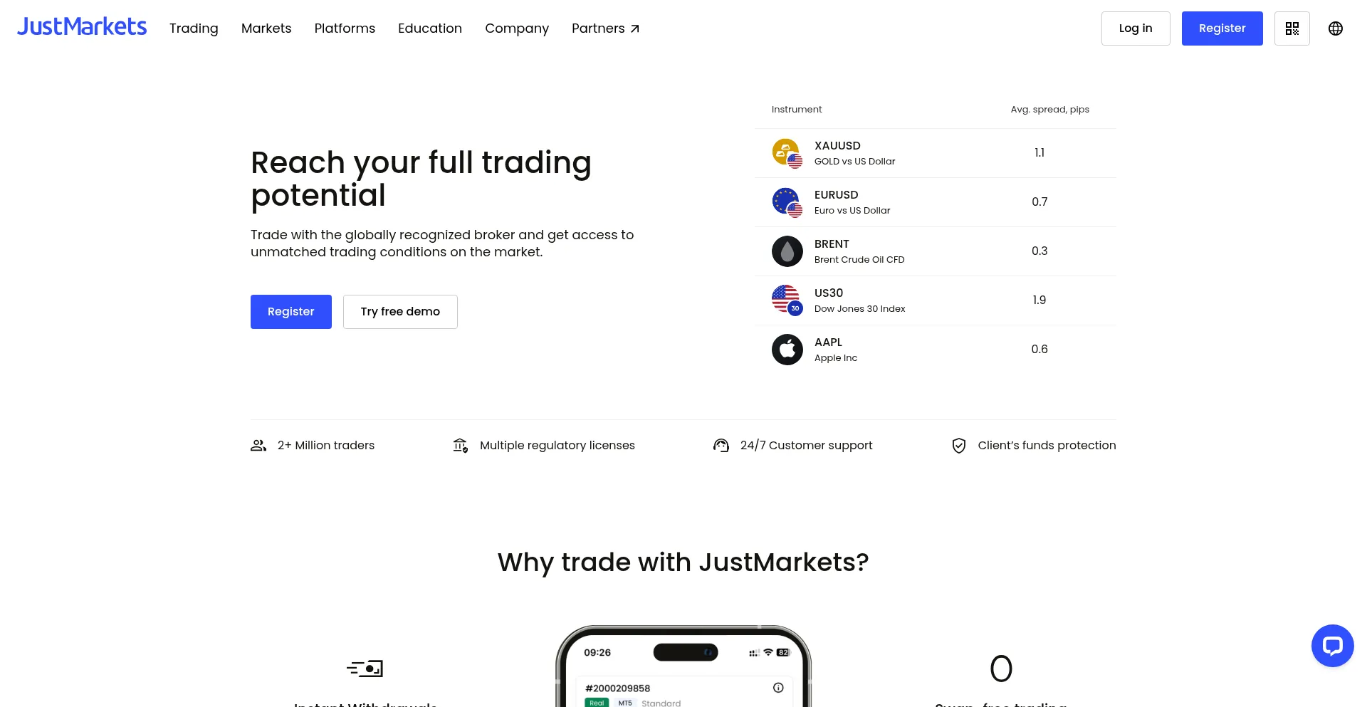 Website screenshot of One.justmarkets.link