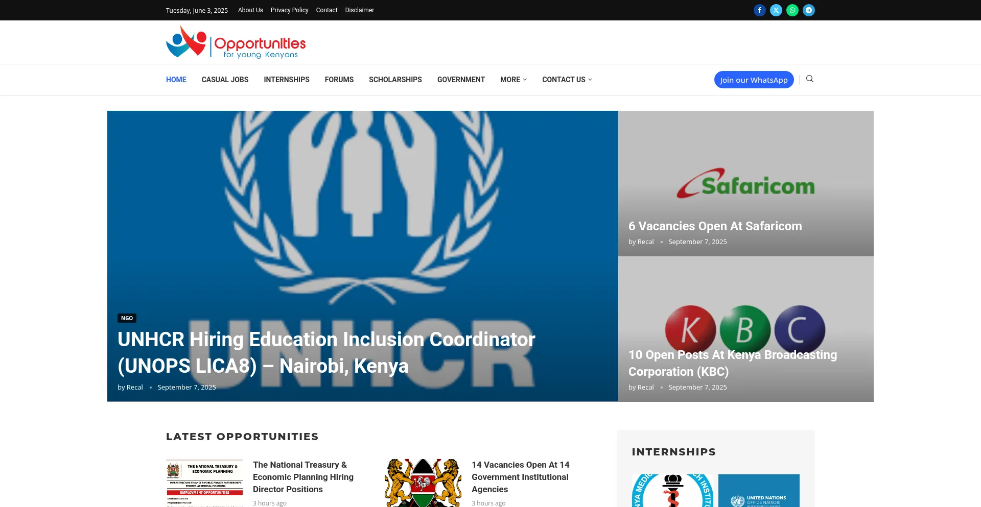 Website screenshot of Opportunitiesforyoungkenyans.co.ke