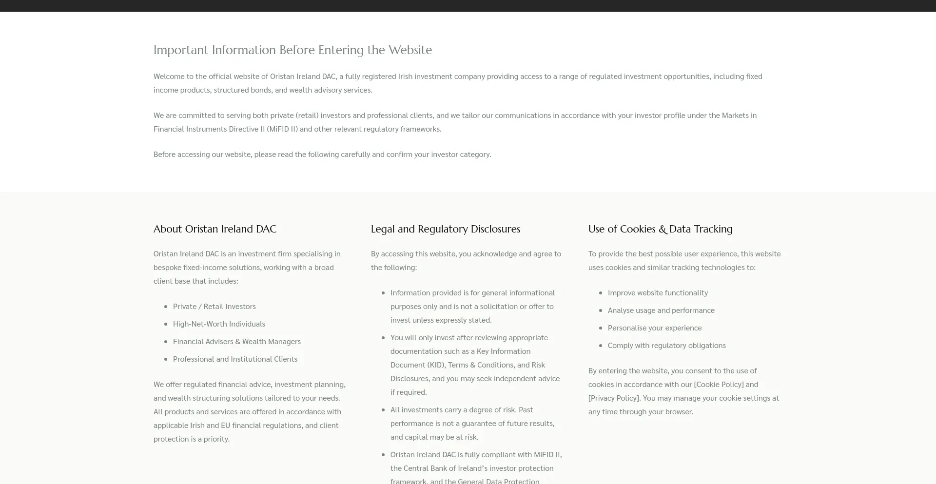 Website screenshot of Oristanirelanddac.com