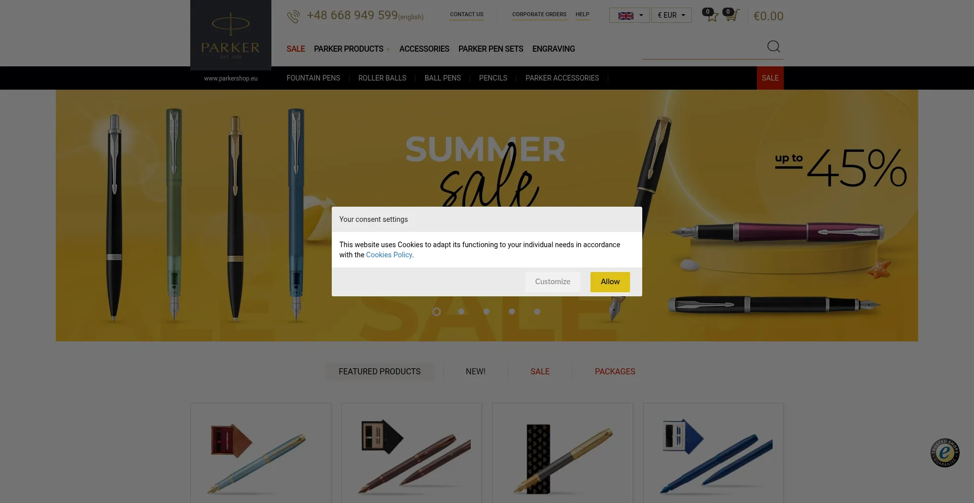 Website screenshot of Parkershop.eu