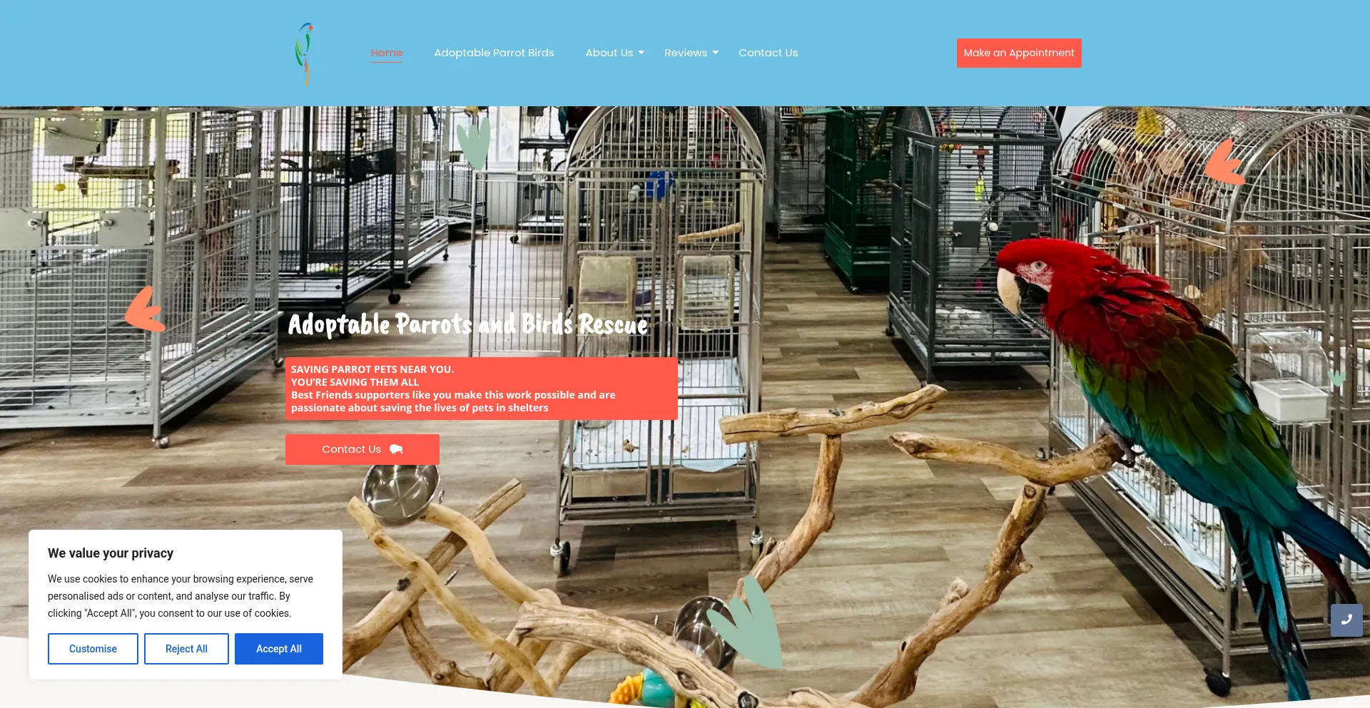 Website screenshot of Parrotbirdsrescue.com