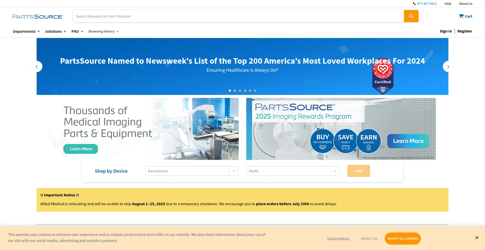 Website screenshot of Partssource.com
