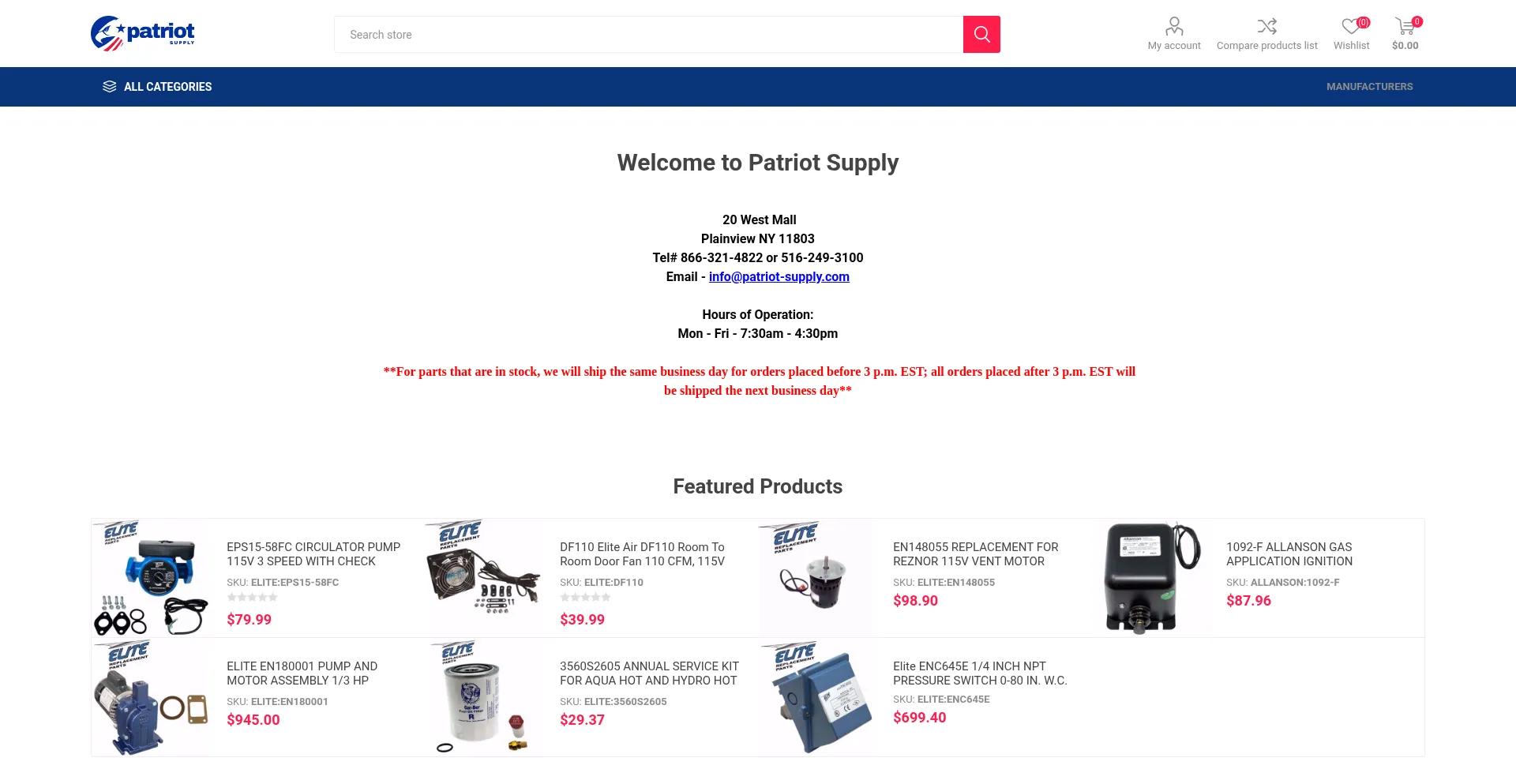 Website screenshot of Patriot-supply.com