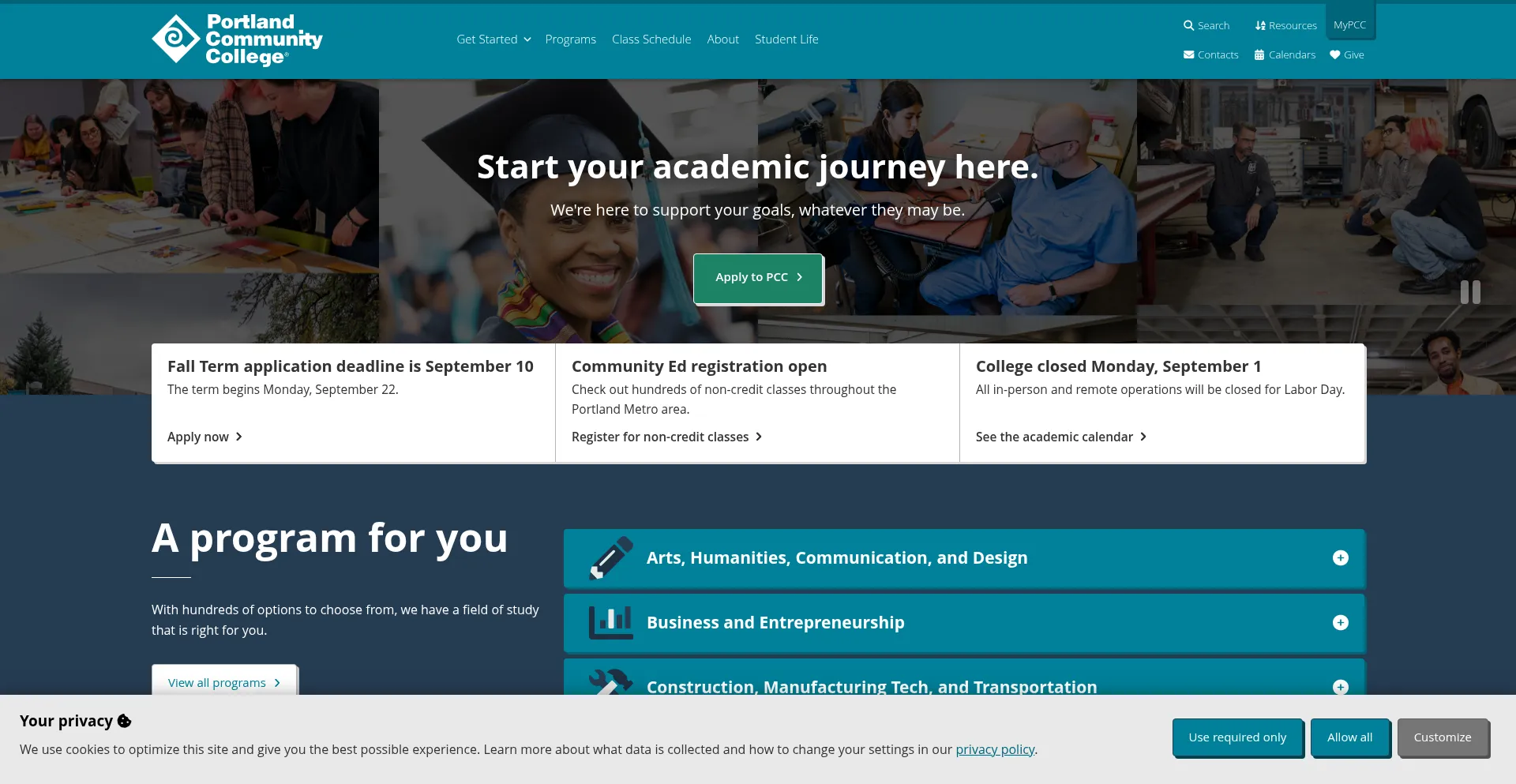 Website screenshot of Pcc.edu