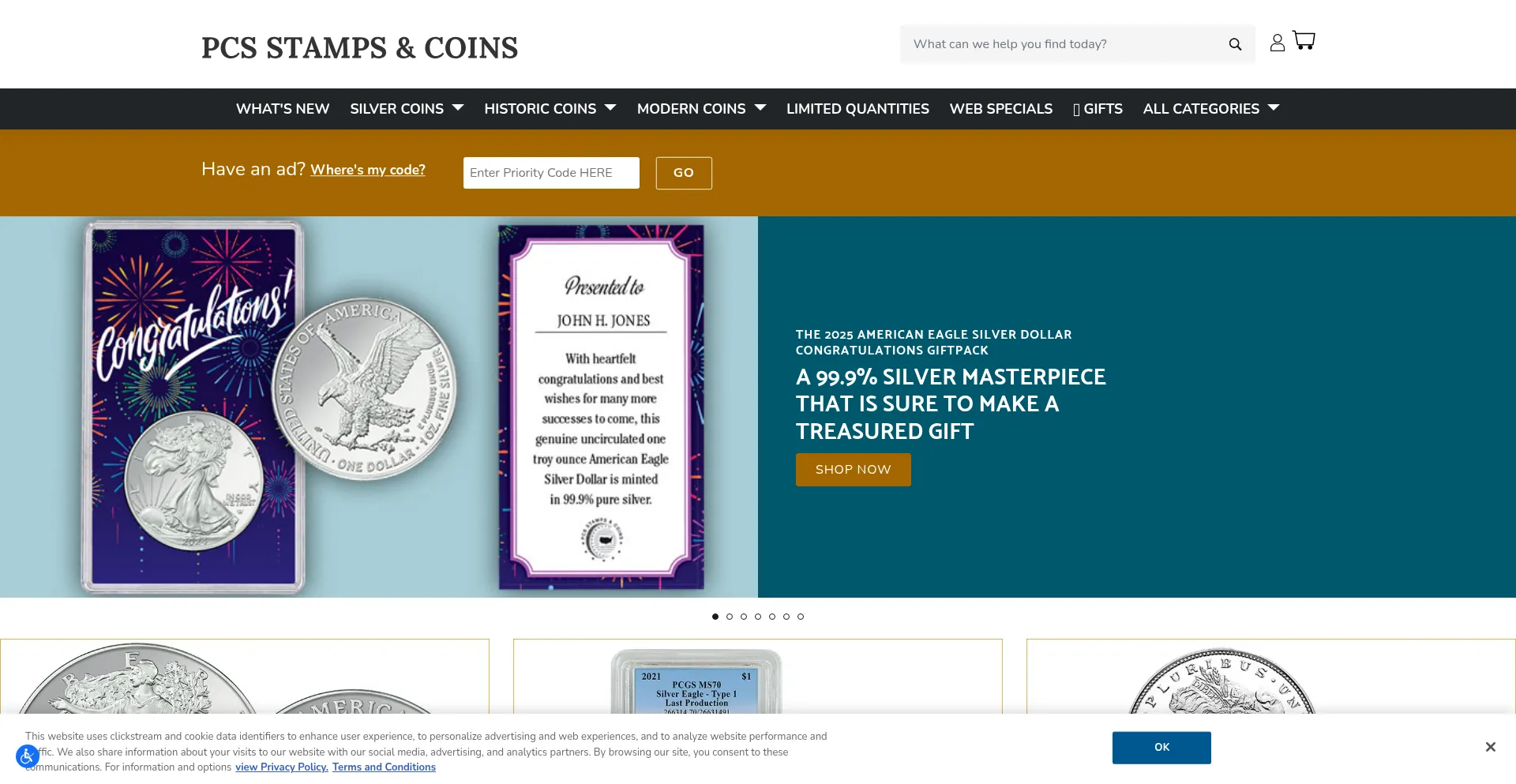 Website screenshot of Pcsstampsandcoins.com