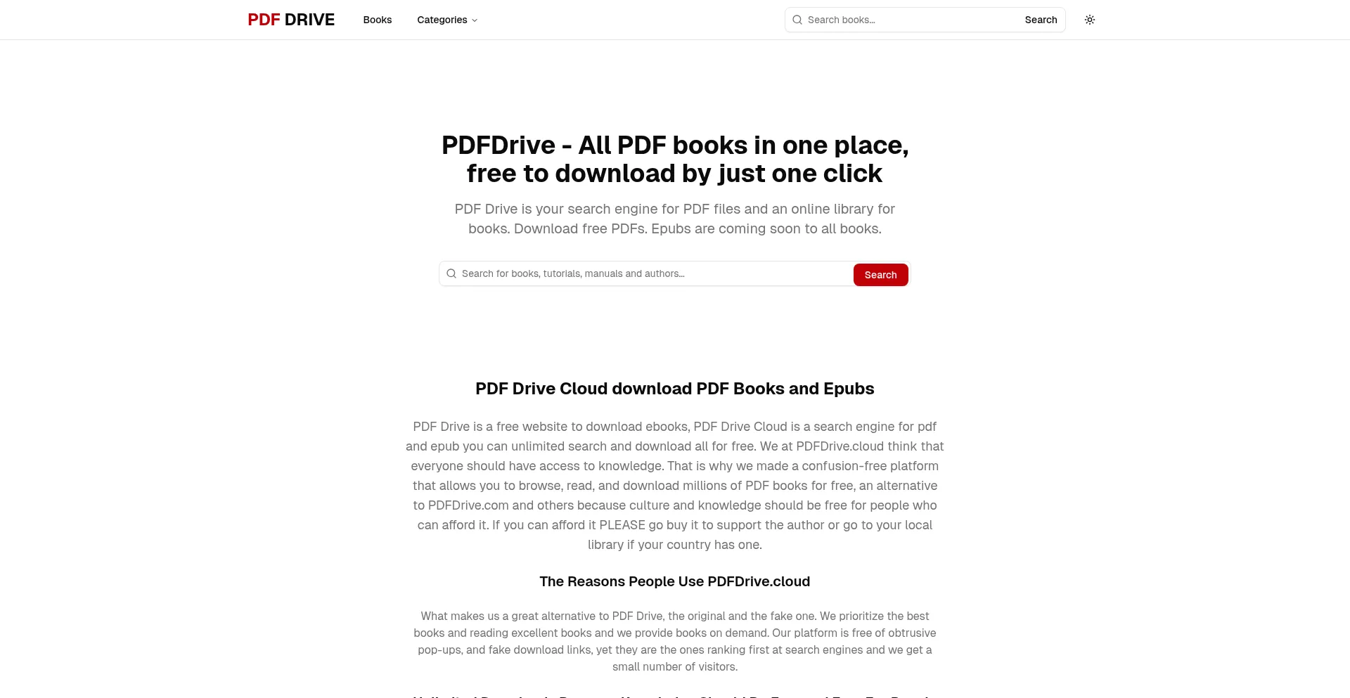 Website screenshot of Pdfdrive.cloud