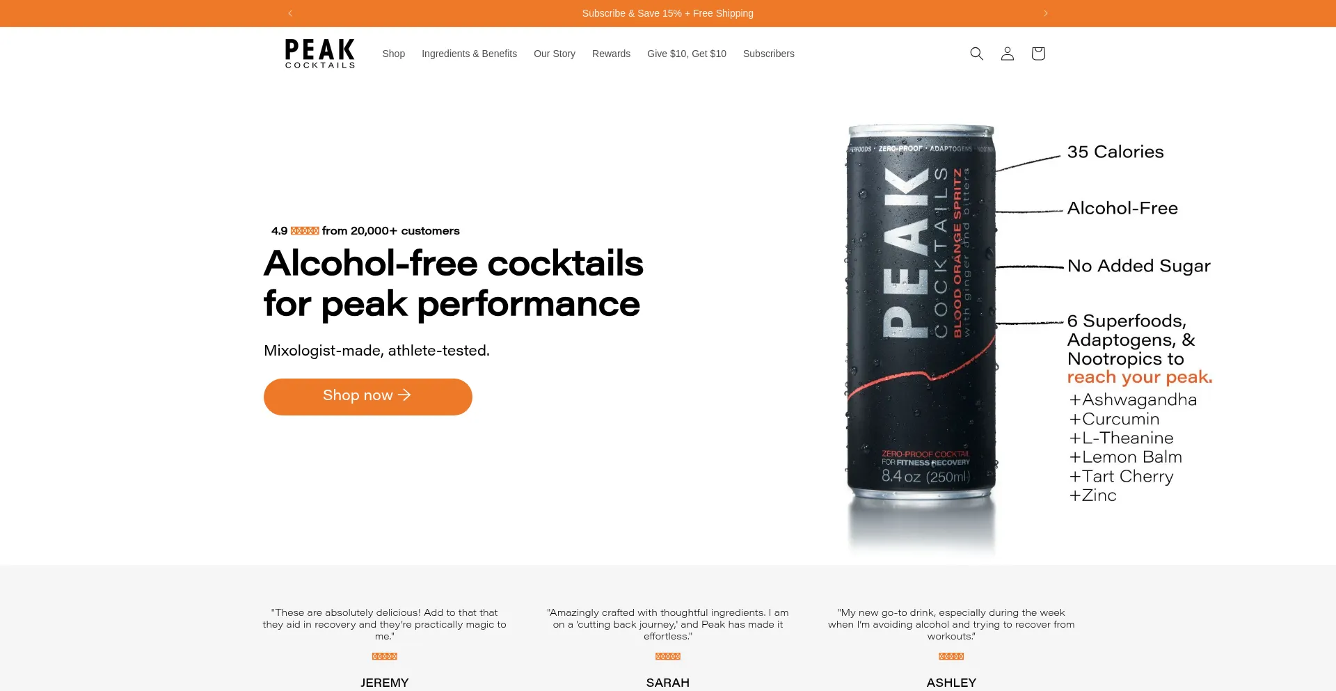 Website screenshot of Peakcocktails.com