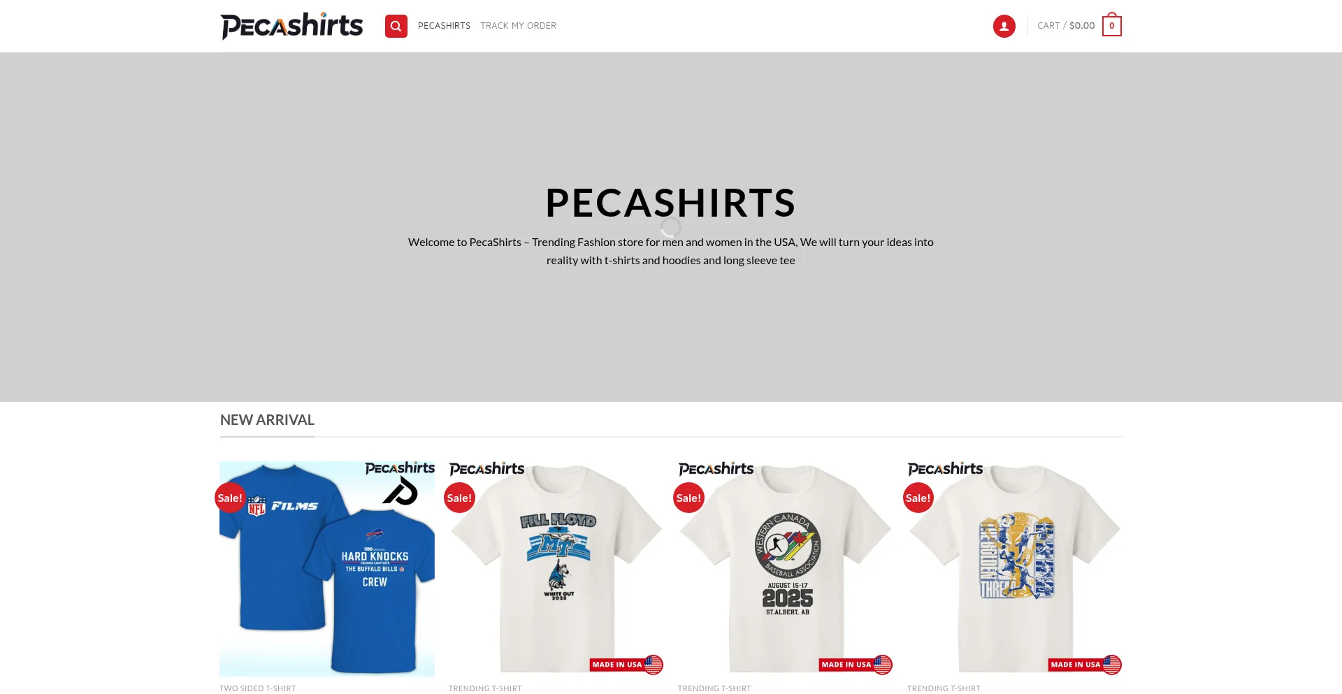 Website screenshot of Pecashirts.com
