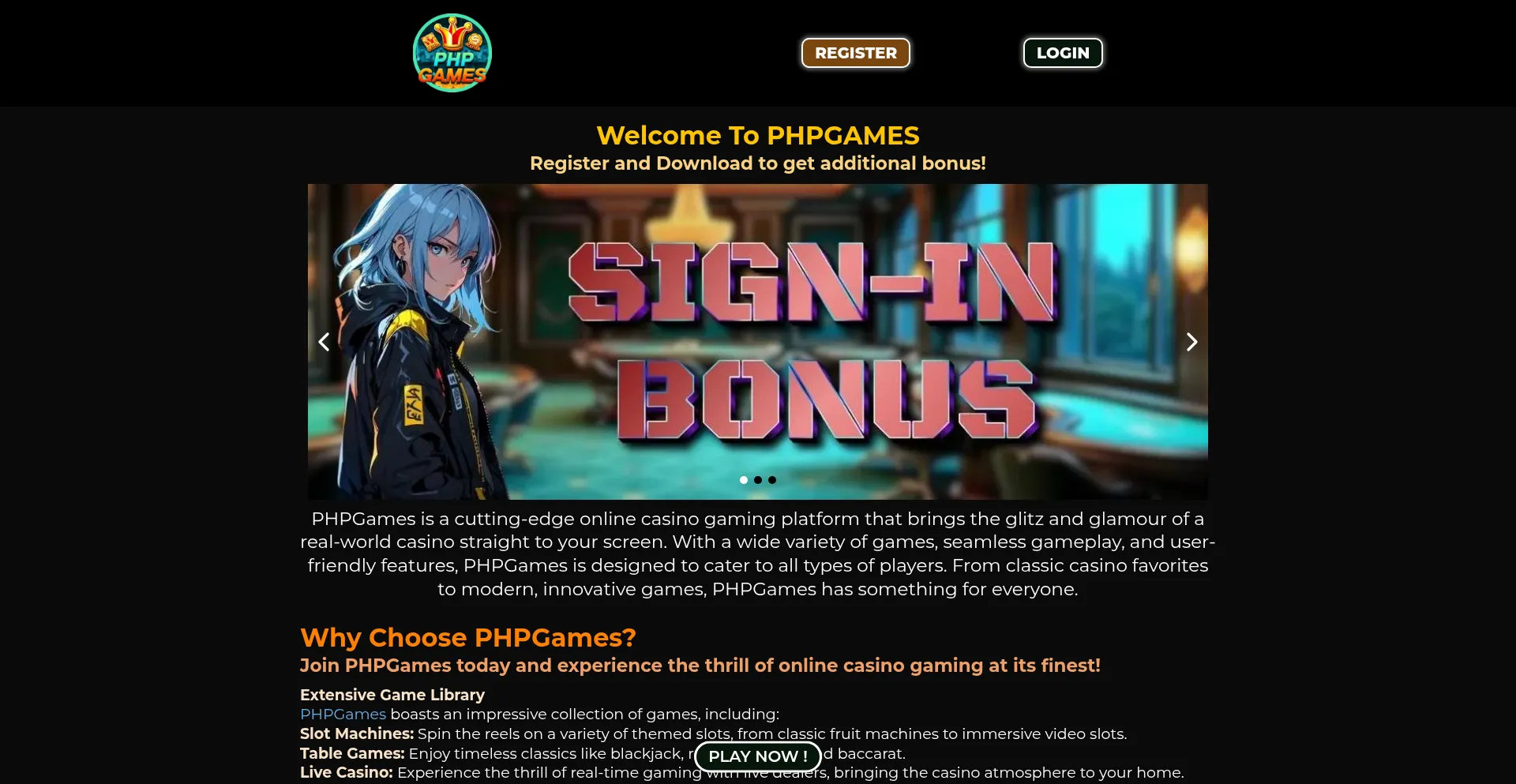 Website screenshot of Phpgames.org