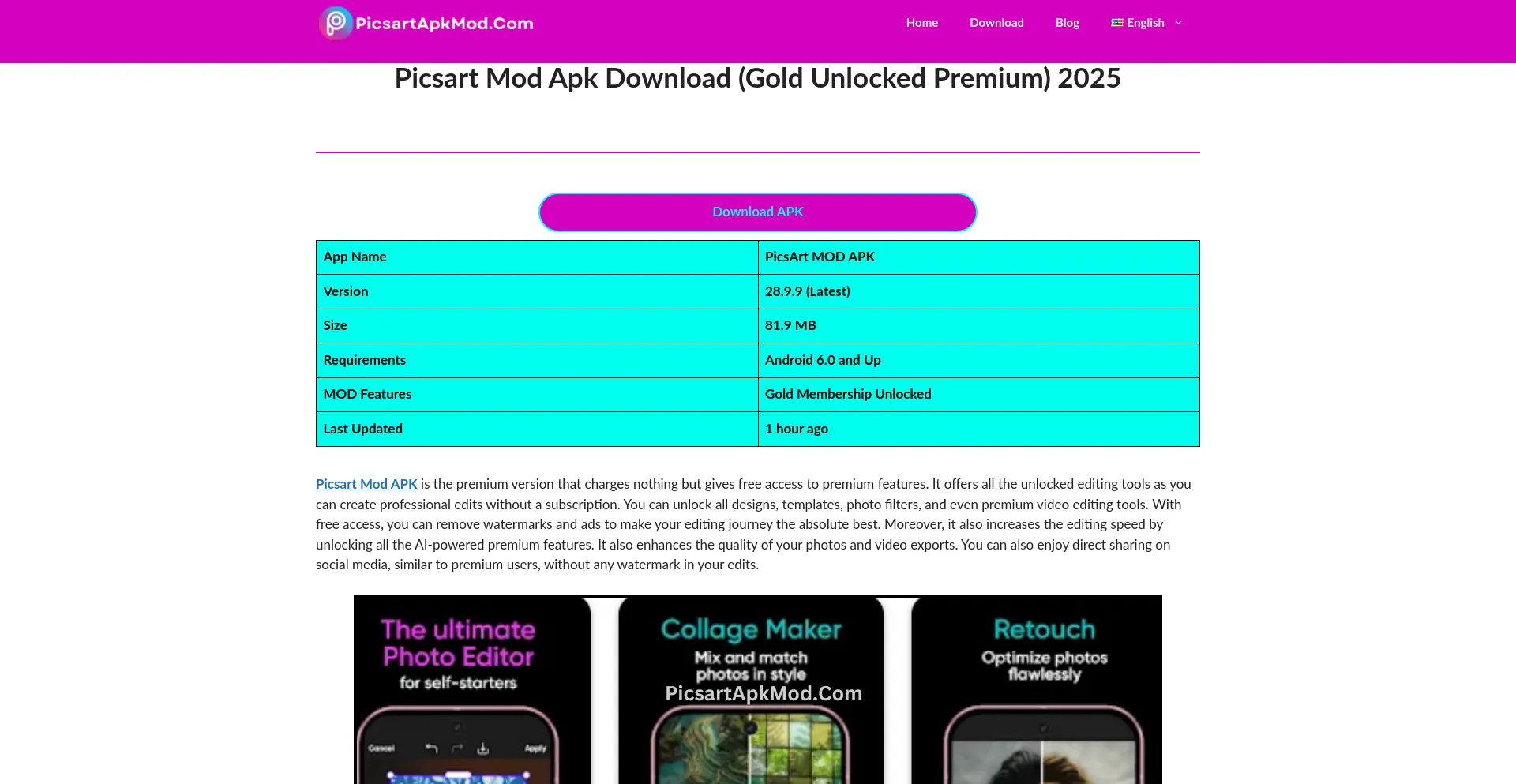 Website screenshot of Picsartapkmod.com