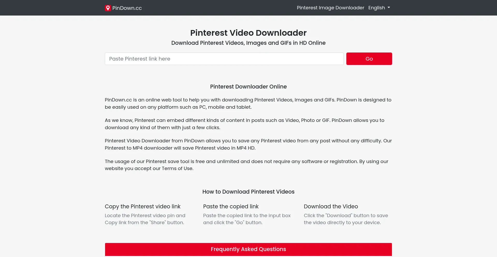 Website screenshot of Pindown.cc