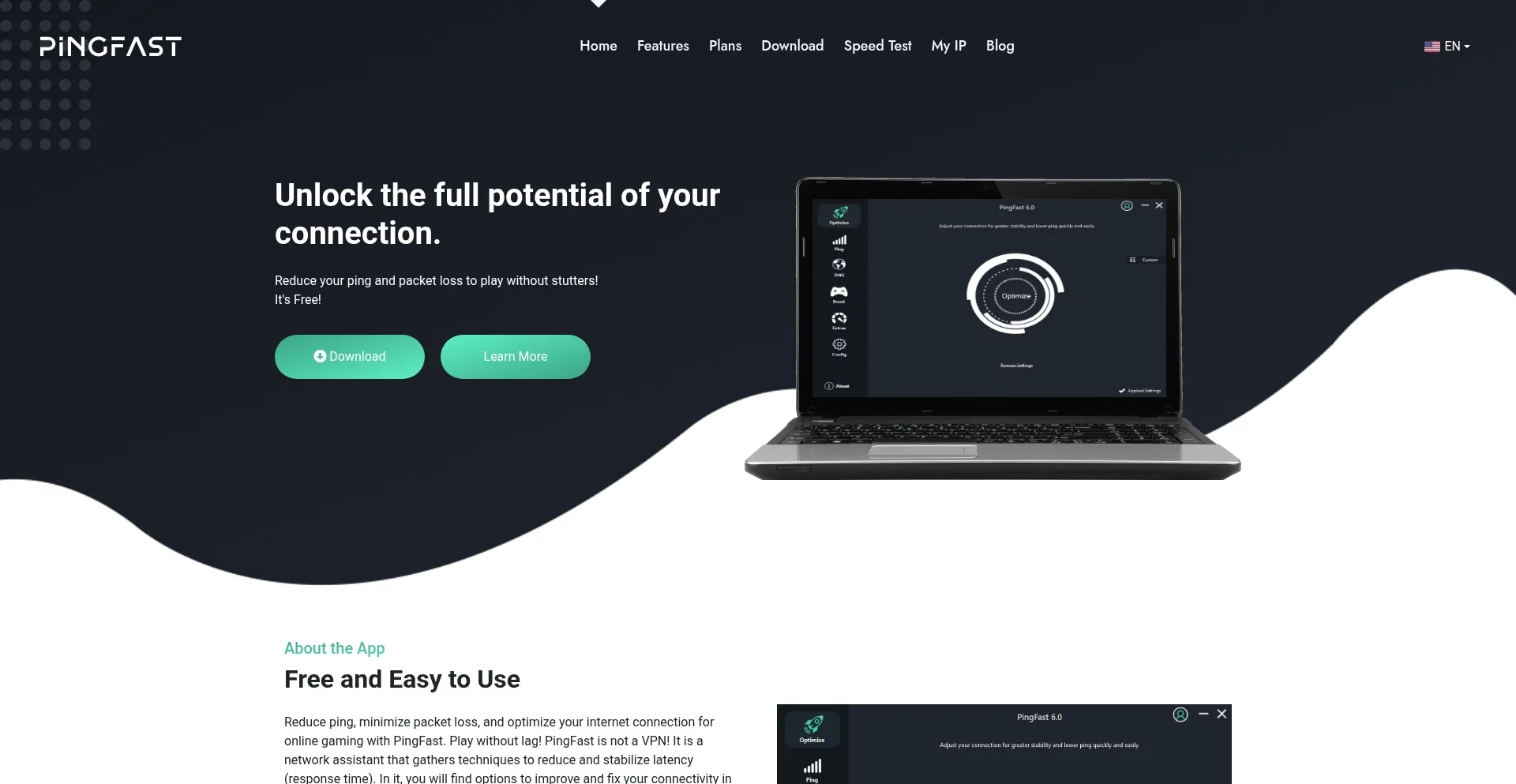 Website screenshot of Pingfast.app
