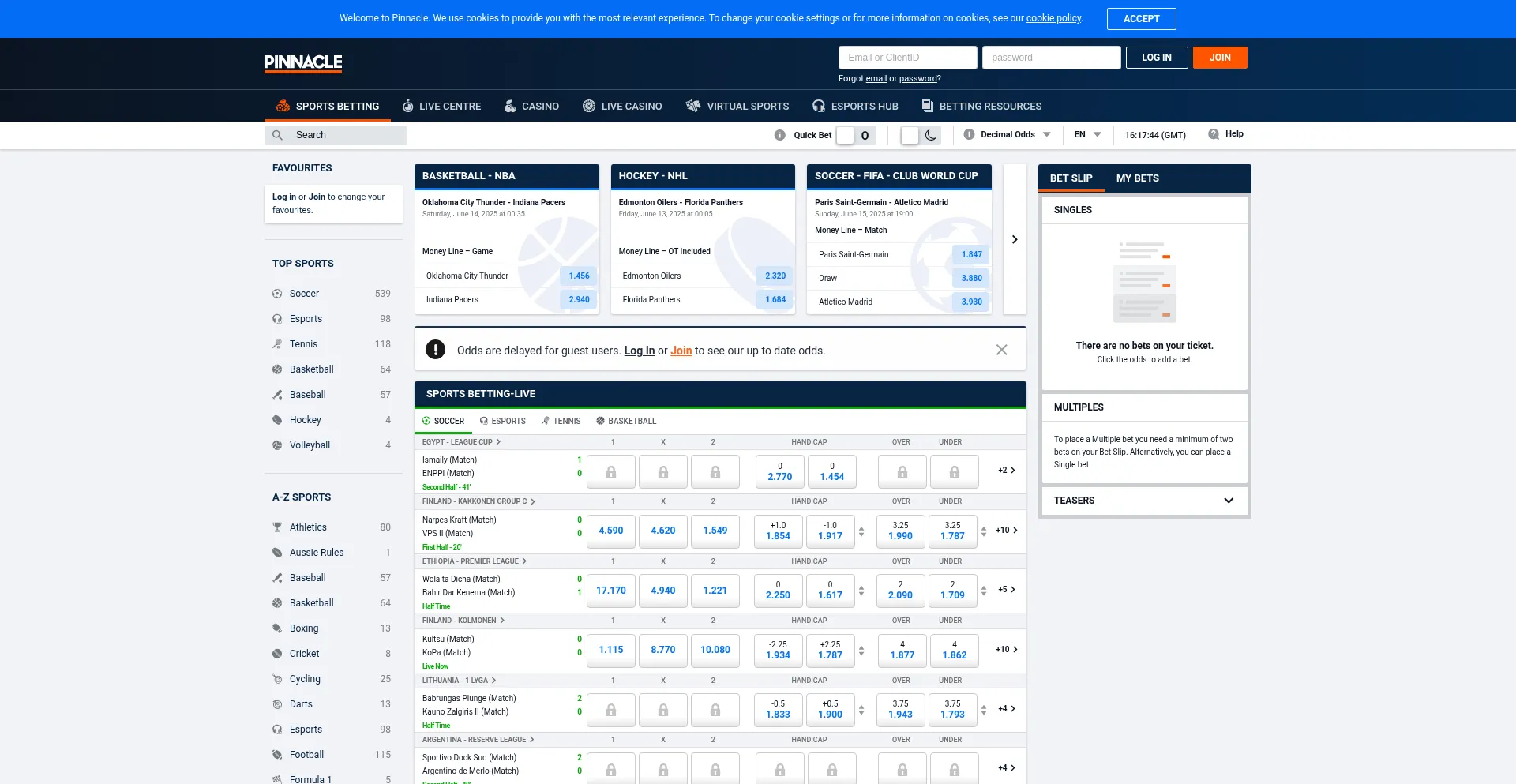 Website screenshot of Pinnaclesports.com