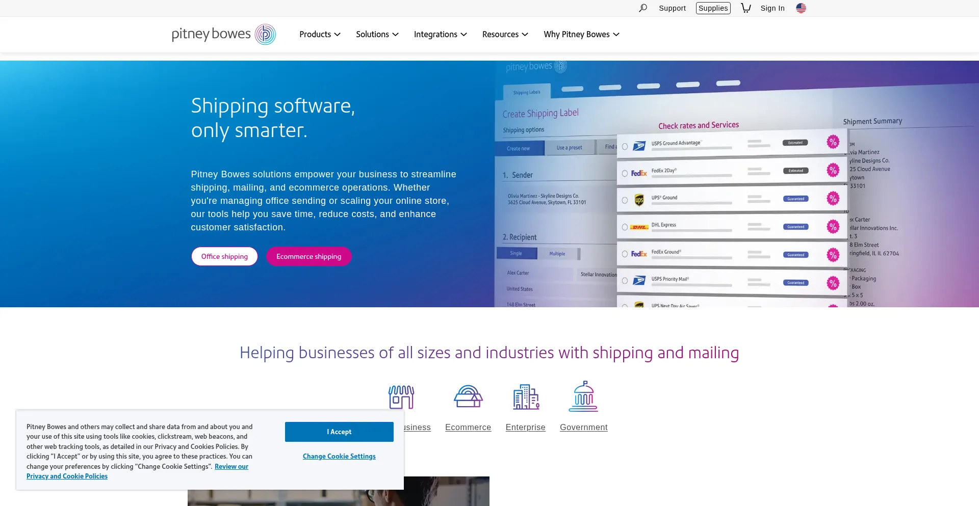 Website screenshot of Pitneybowes.us