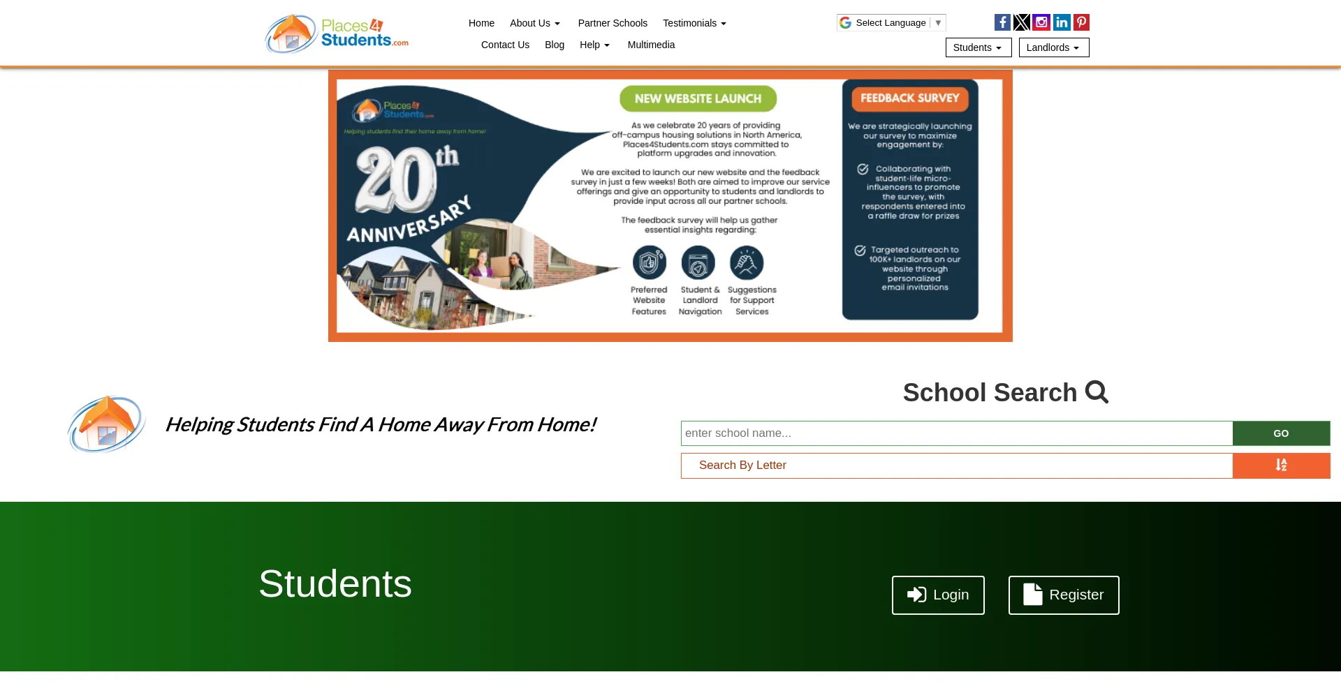 Website screenshot of Places4students.com