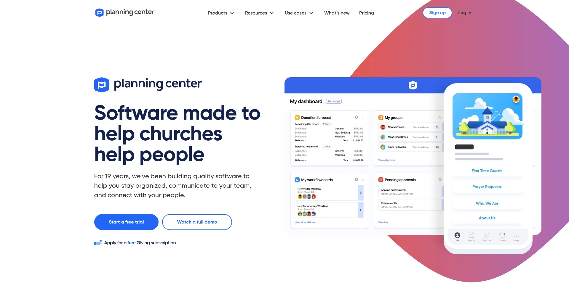 Website screenshot of Planningcenter.com