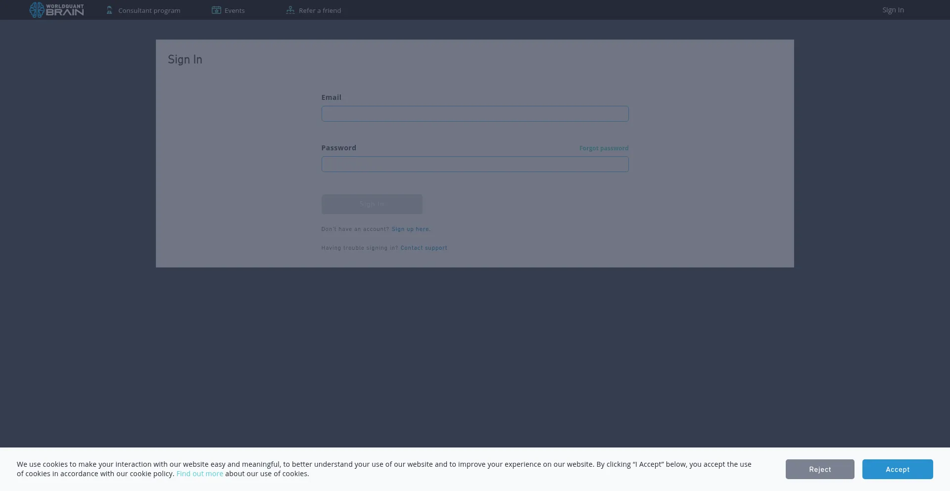 Website screenshot of Platform.worldquantbrain.com