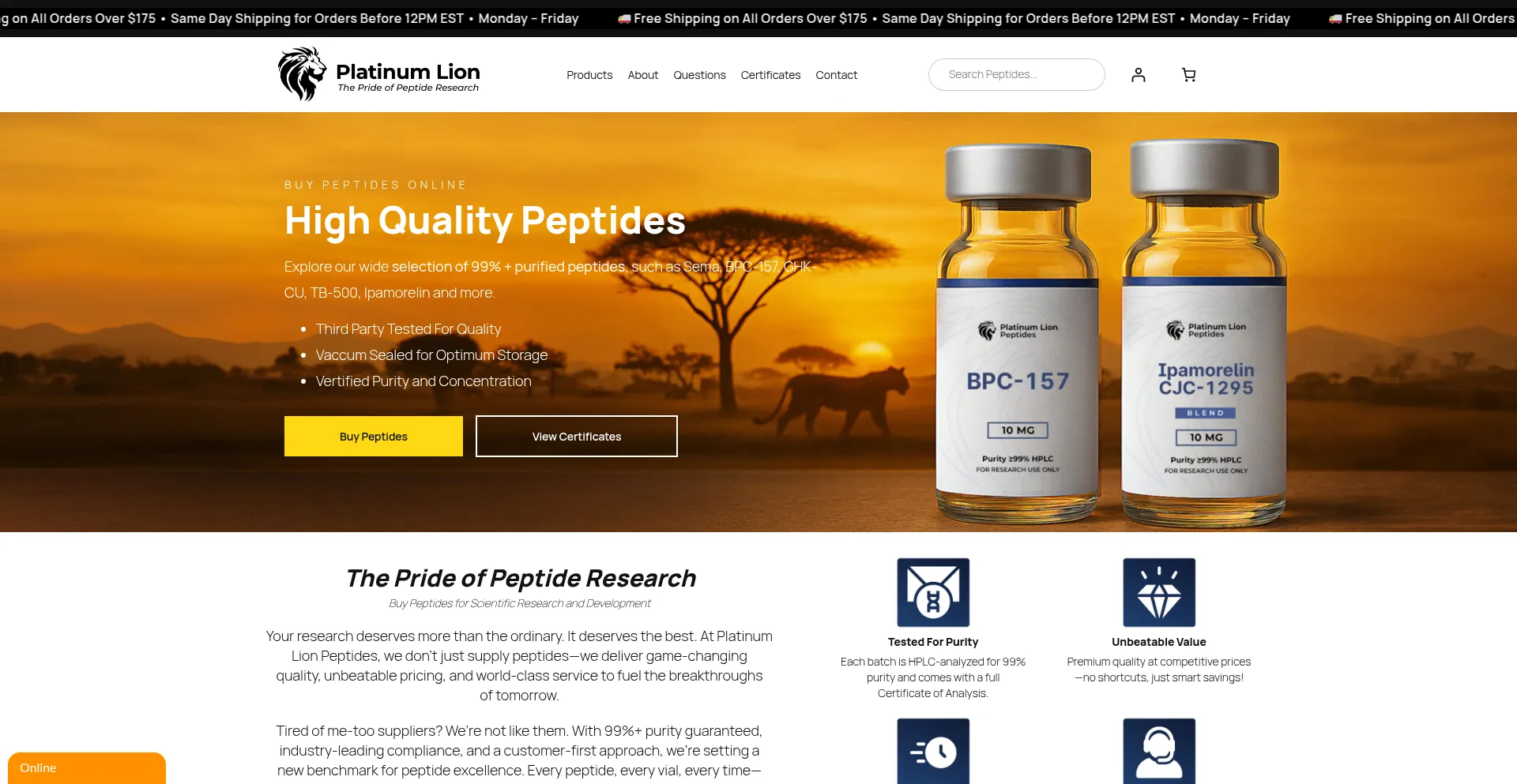 Website screenshot of Platinumlionpeptides.com