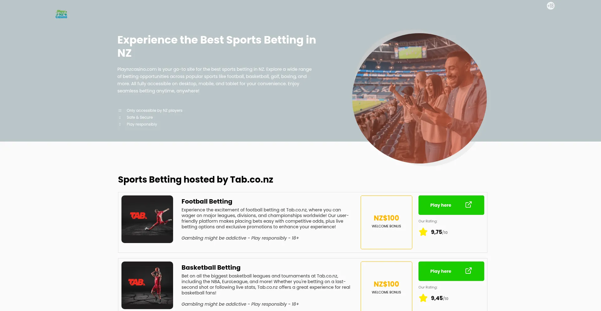 Website screenshot of Playnzcasino.com