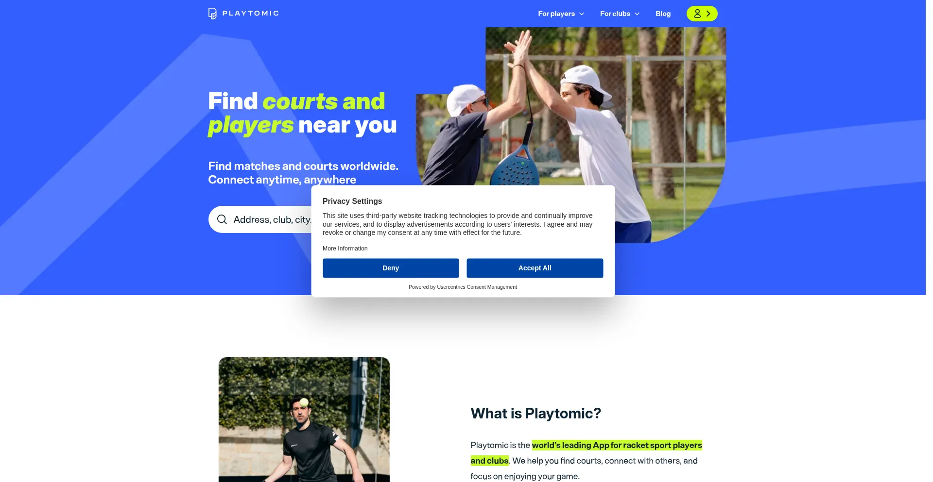 Website screenshot of Playtomic.com