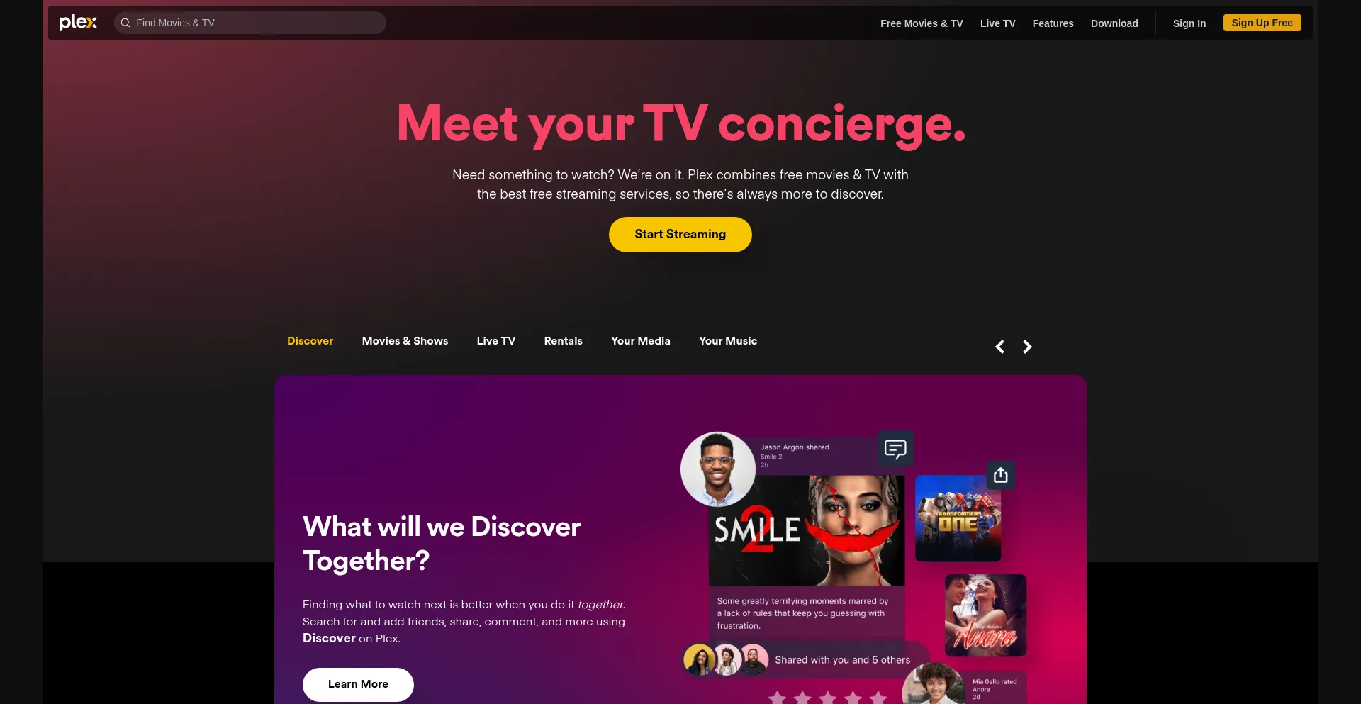 Website screenshot of Plex.tv
