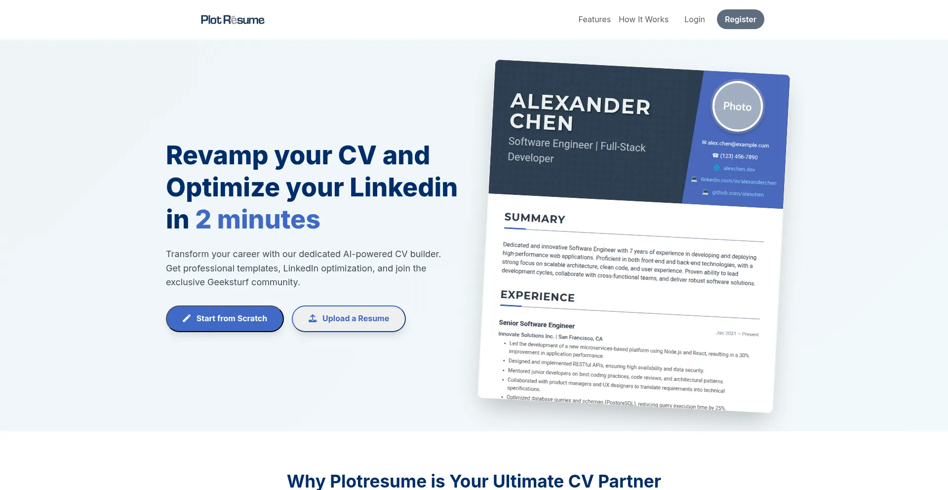 Website screenshot of Plotresume.com