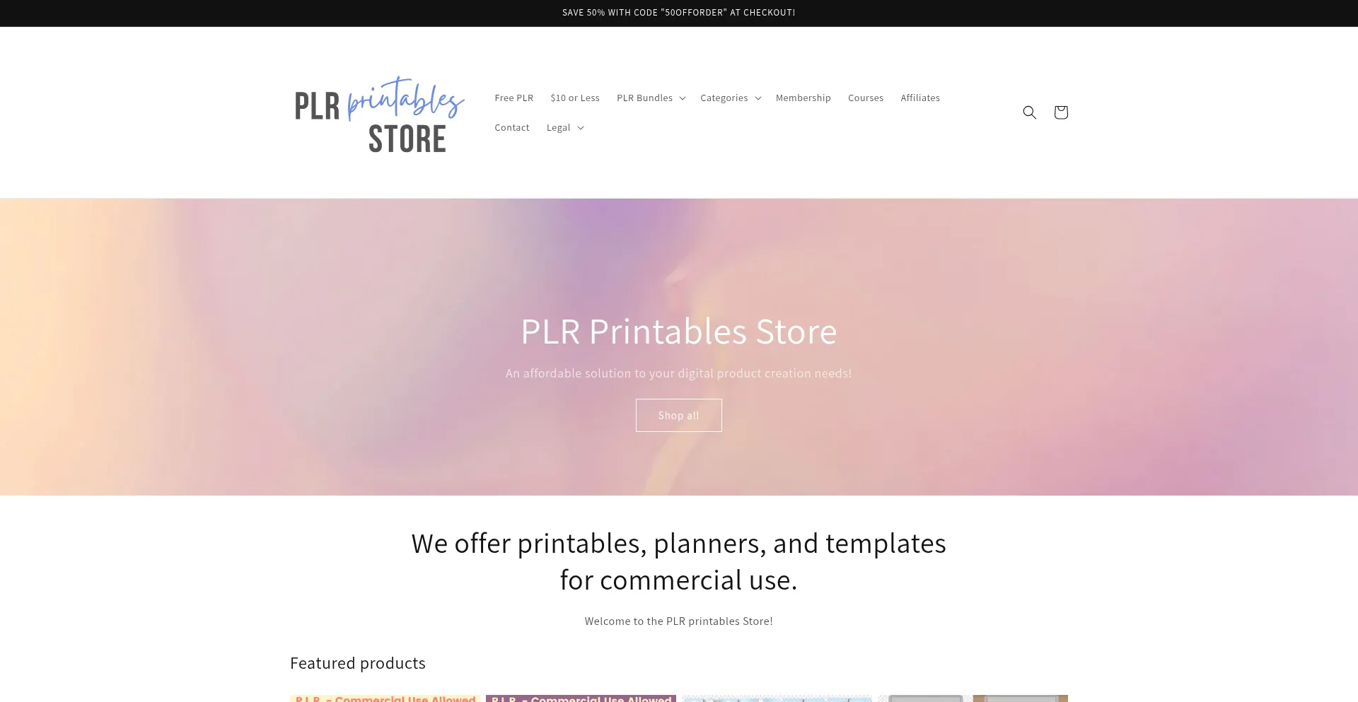 Website screenshot of Plrprintablesstore.com