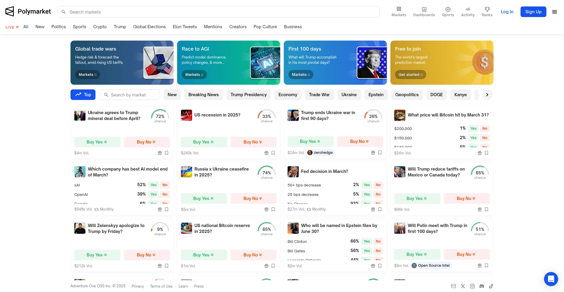 Website screenshot of Polymarket.com