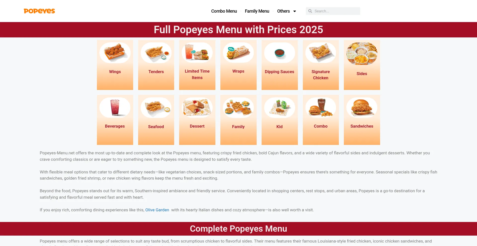 Website screenshot of Popeyes-menu.net