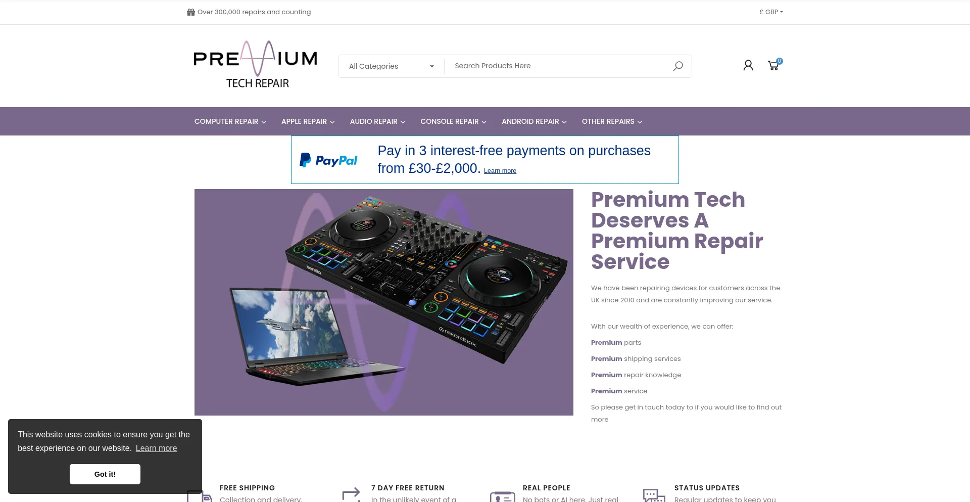 Website screenshot of Premiumtechrepair.co.uk