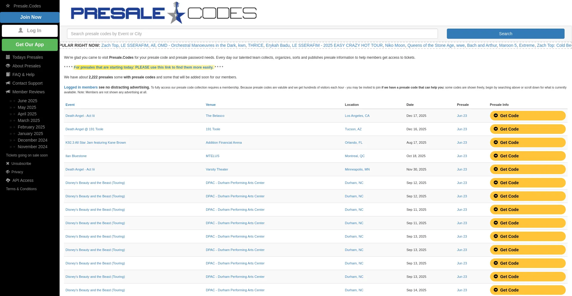 Website screenshot of Presale.codes