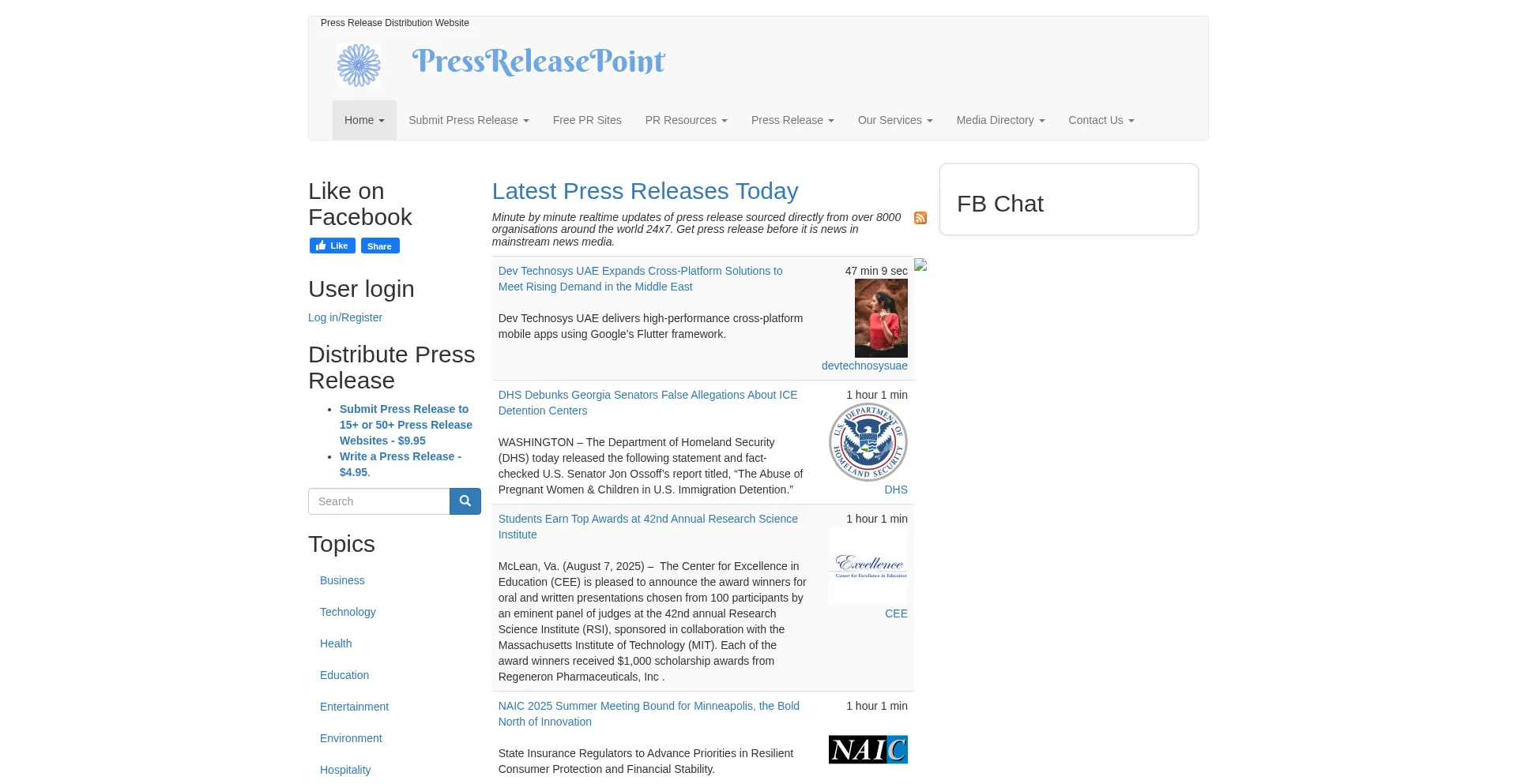 Website screenshot of Pressreleasepoint.com
