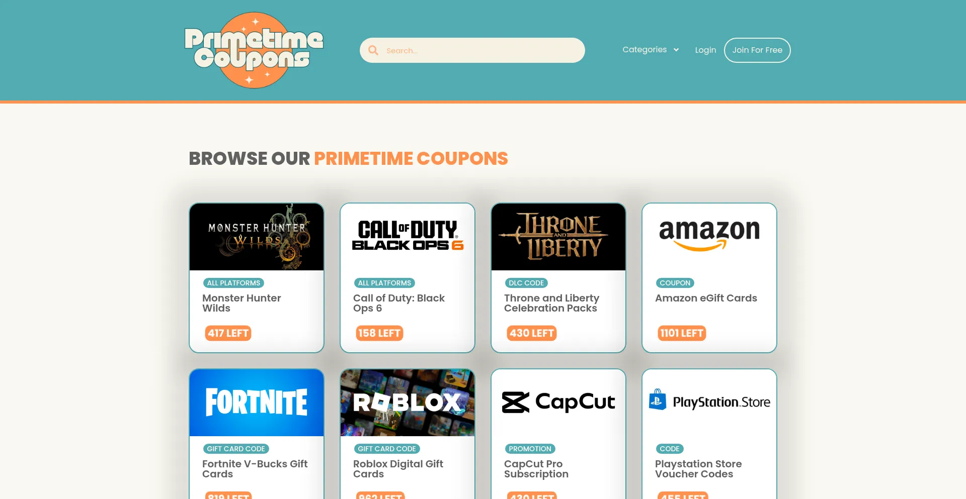 Website screenshot of Primetimecoupons.com