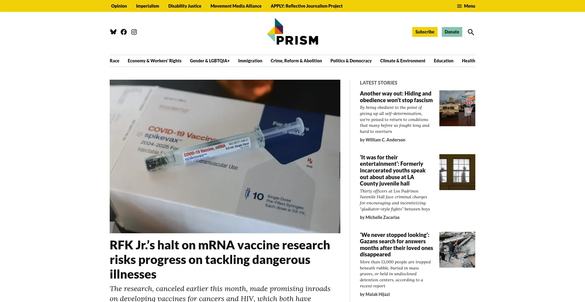 Website screenshot of Prismreports.org