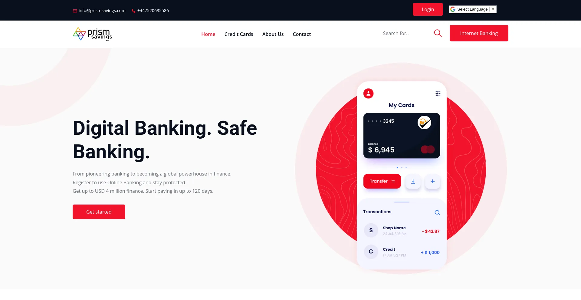 Website screenshot of Prismsavings.com