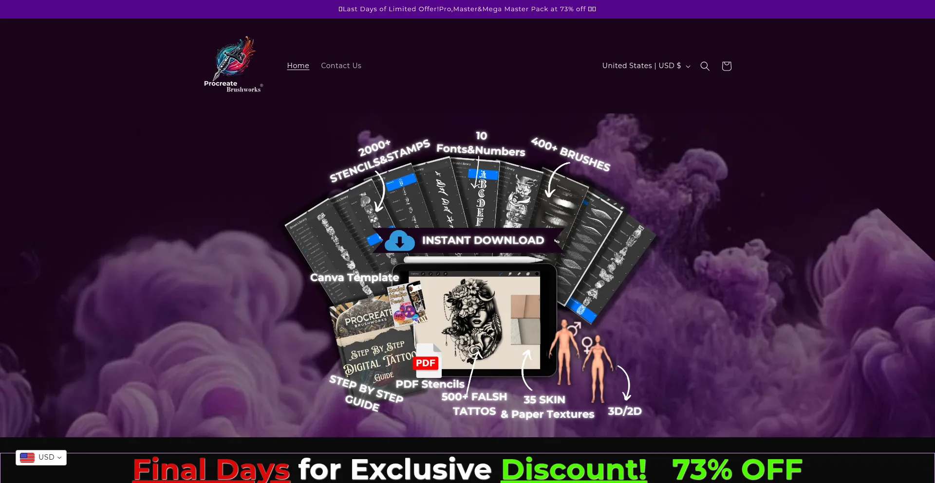 Website screenshot of Procreatebrushworks.com