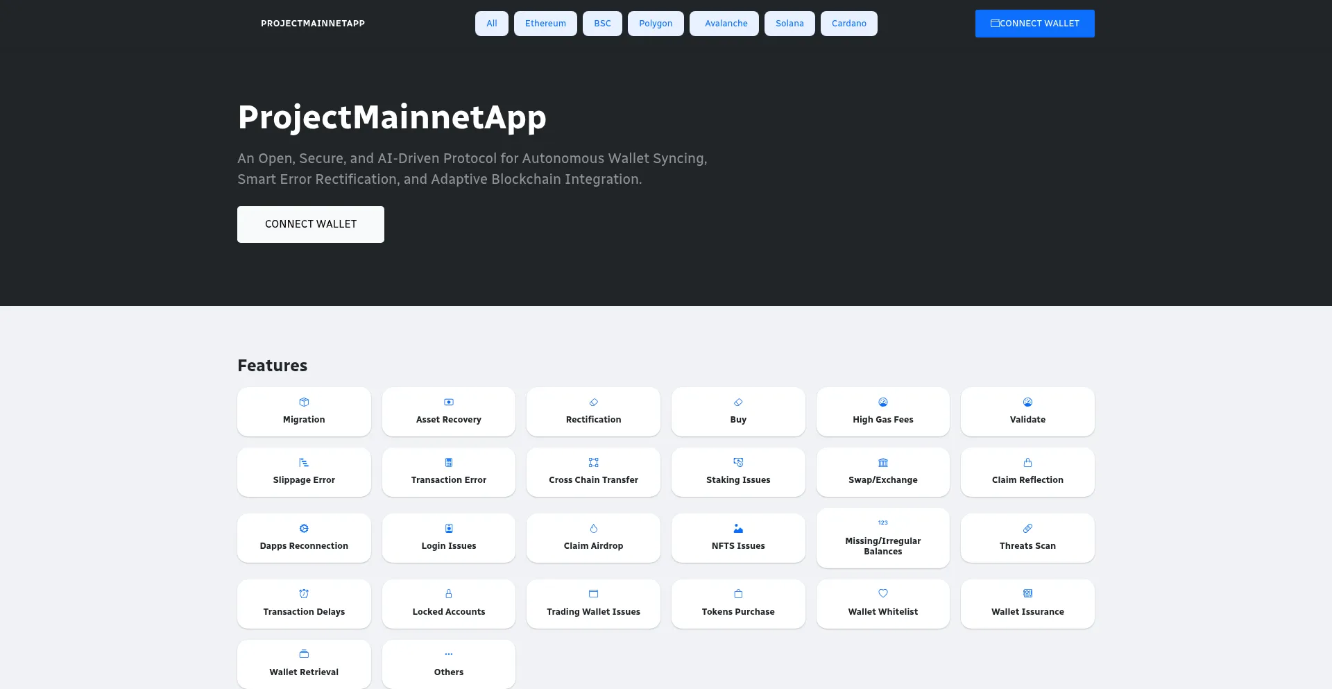 Website screenshot of Project-mainnetapp.com