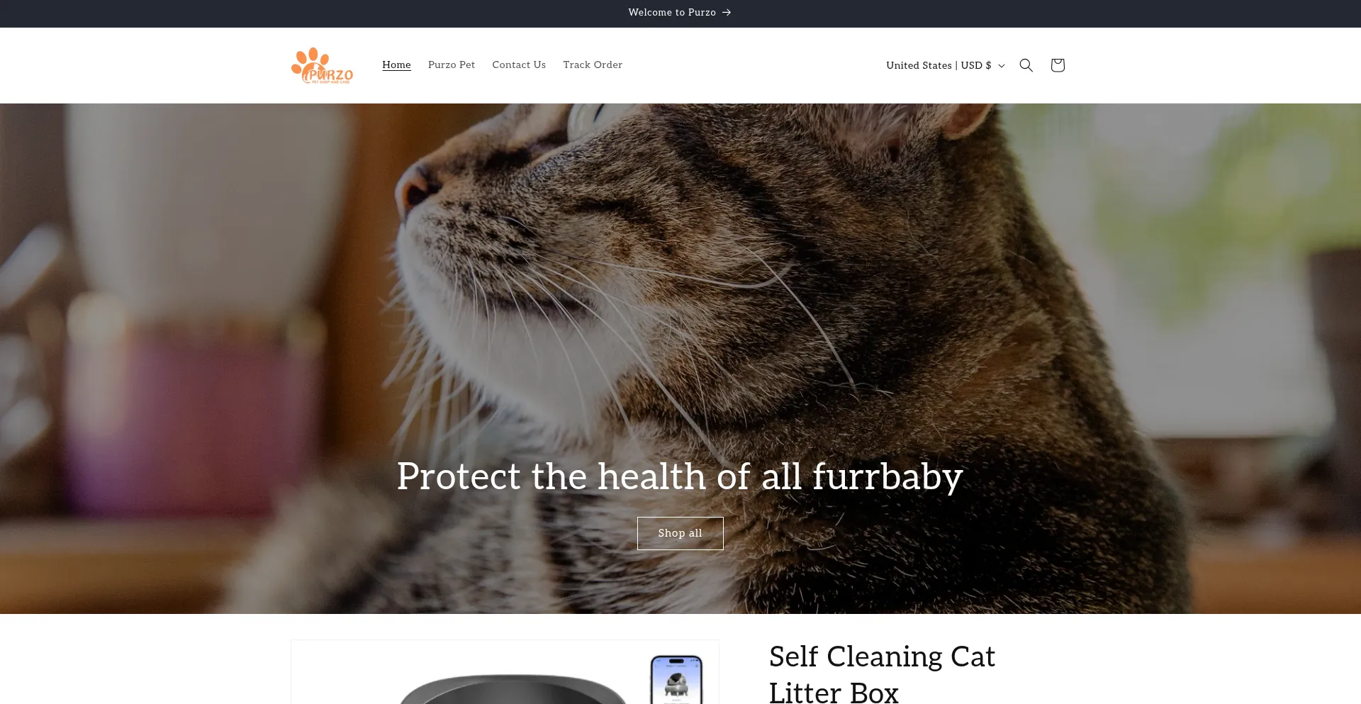 Website screenshot of Purzopet.myshopify.com