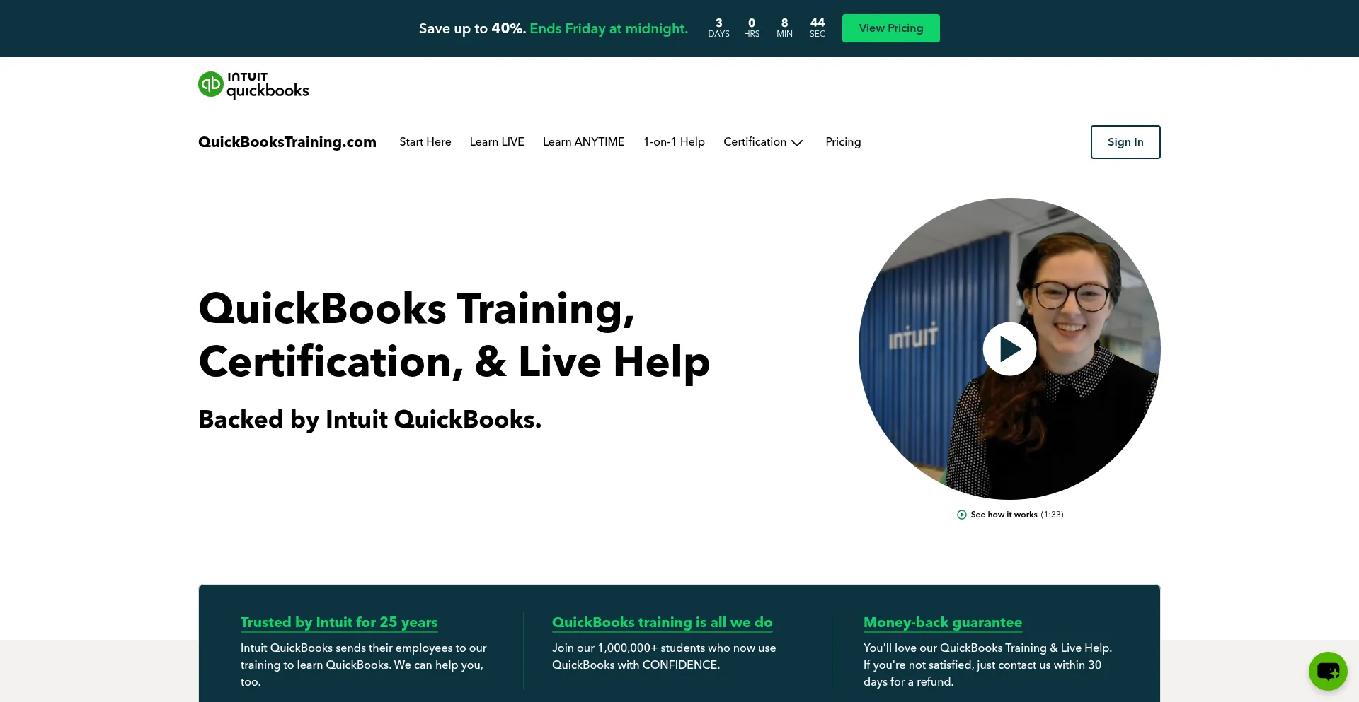 Website screenshot of Quickbookstraining.com