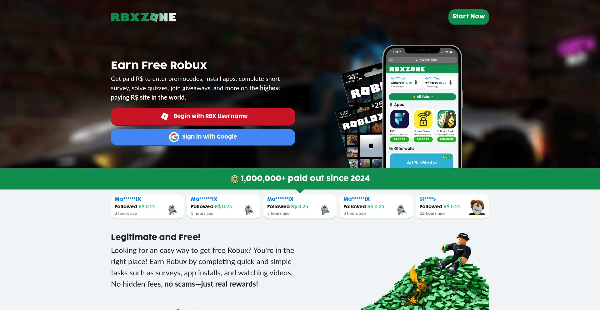 Website screenshot of Rbxzone.com