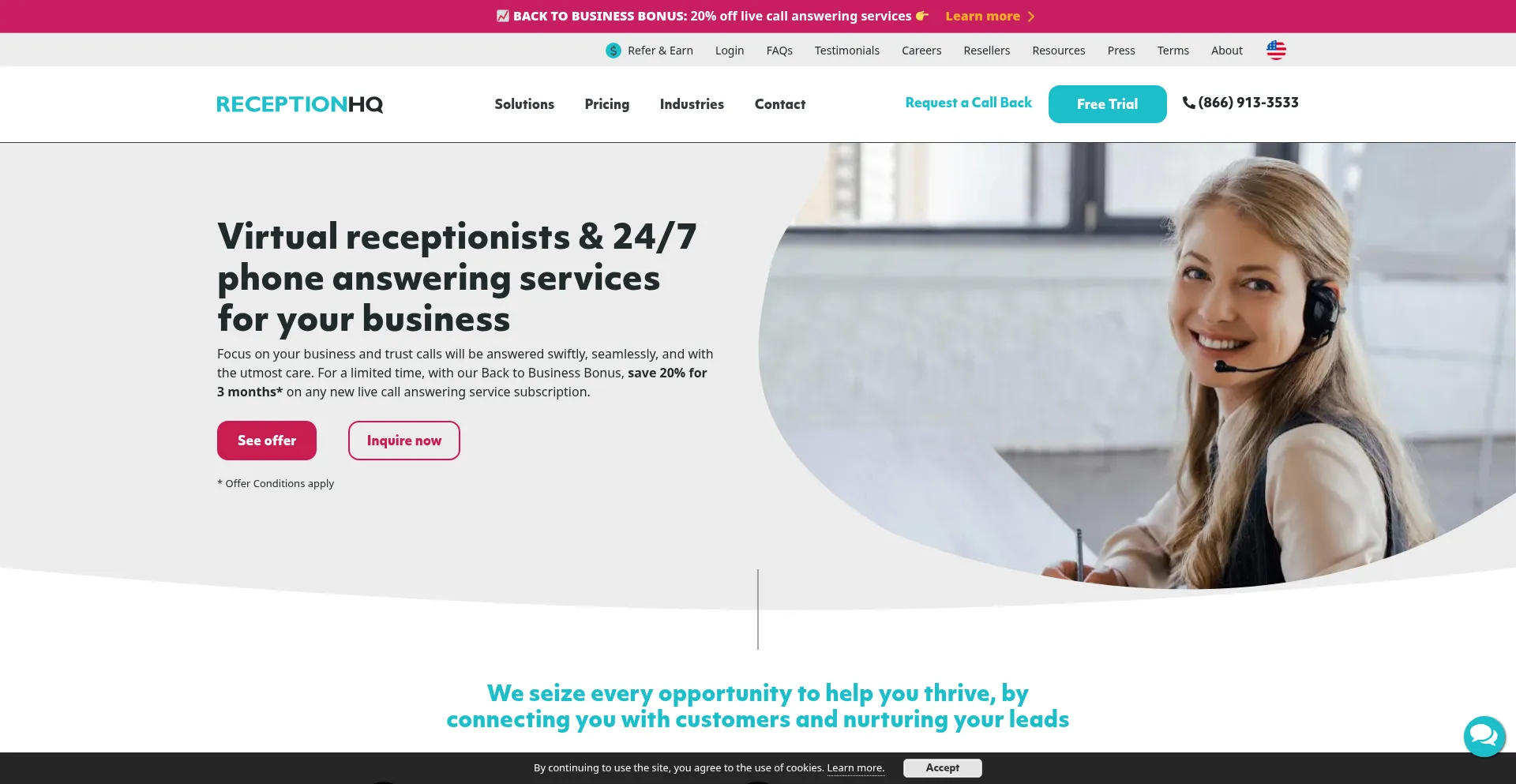 Website screenshot of Receptionhq.com