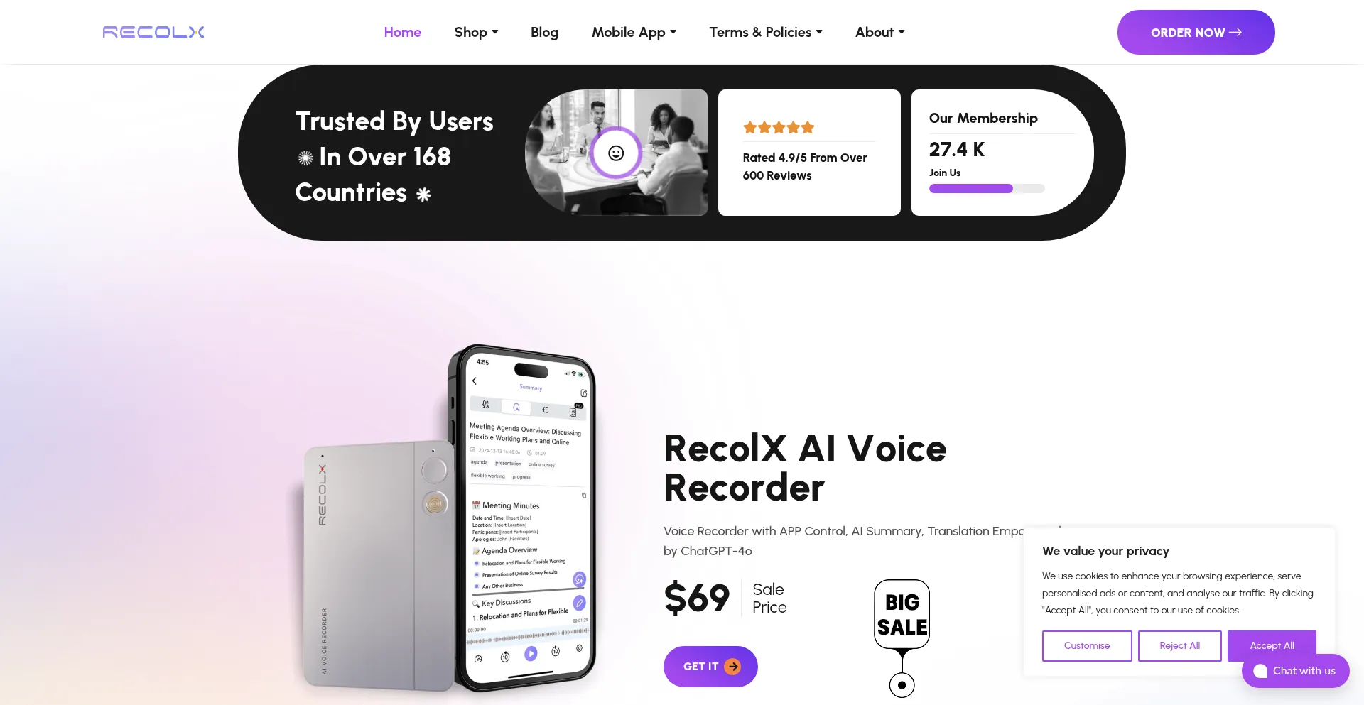 Website screenshot of Recolx.ai