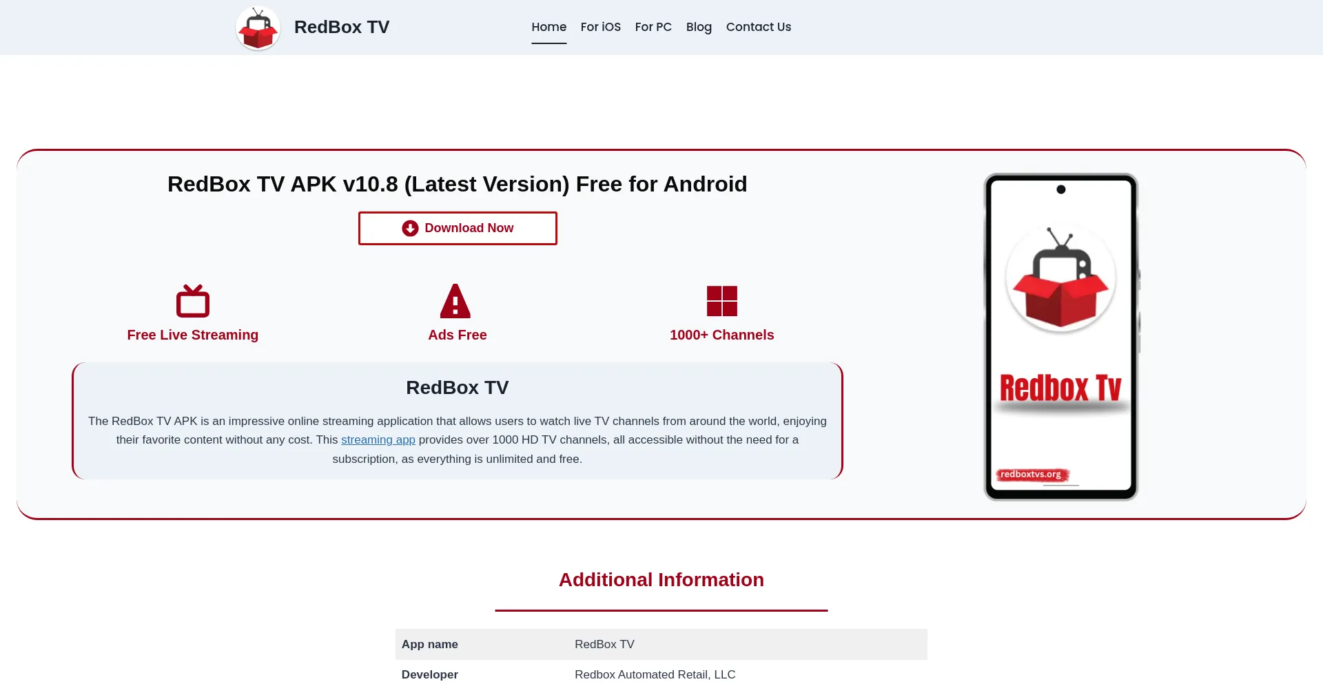 Website screenshot of Redboxtvs.org