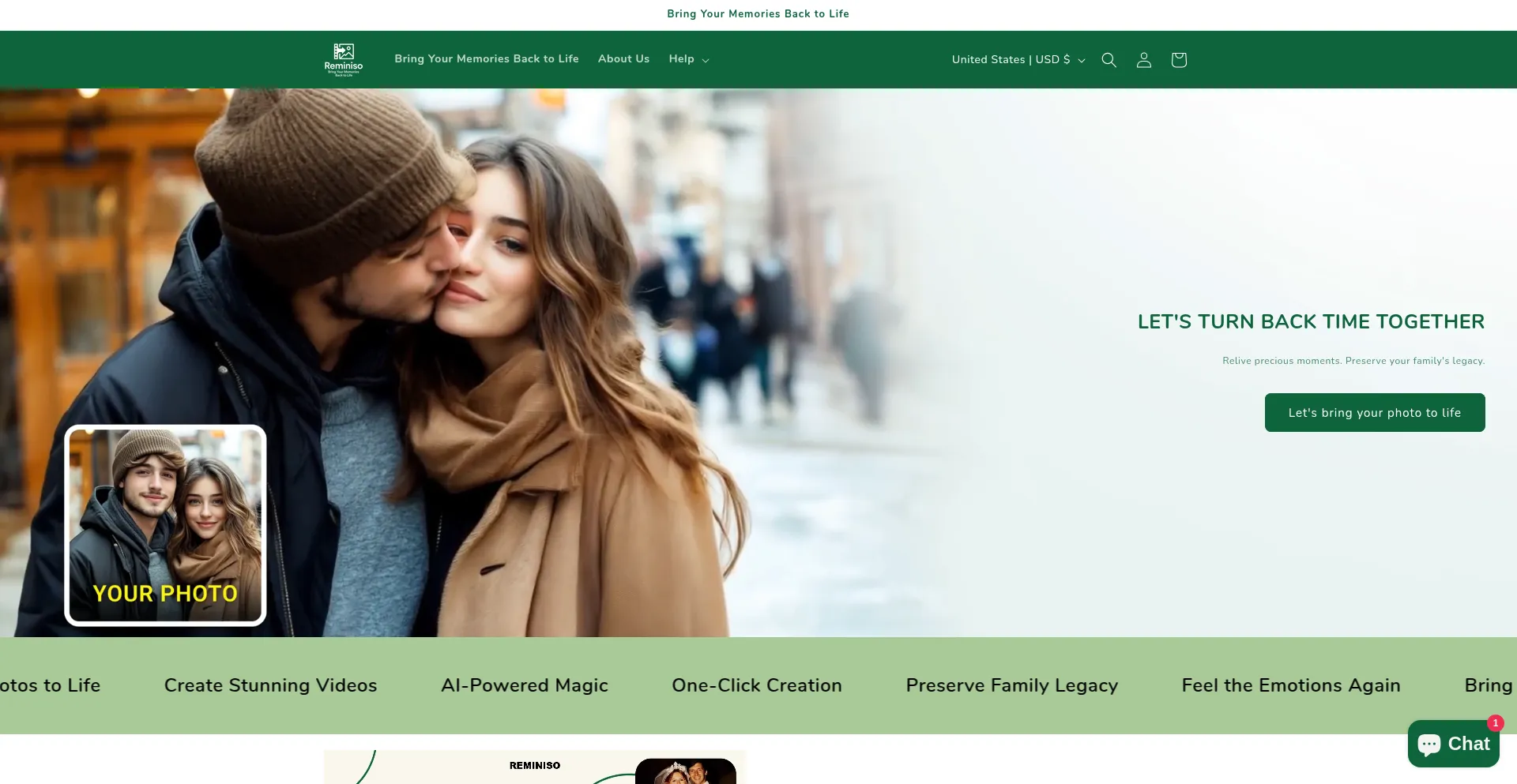 Website screenshot of Reminiso.com