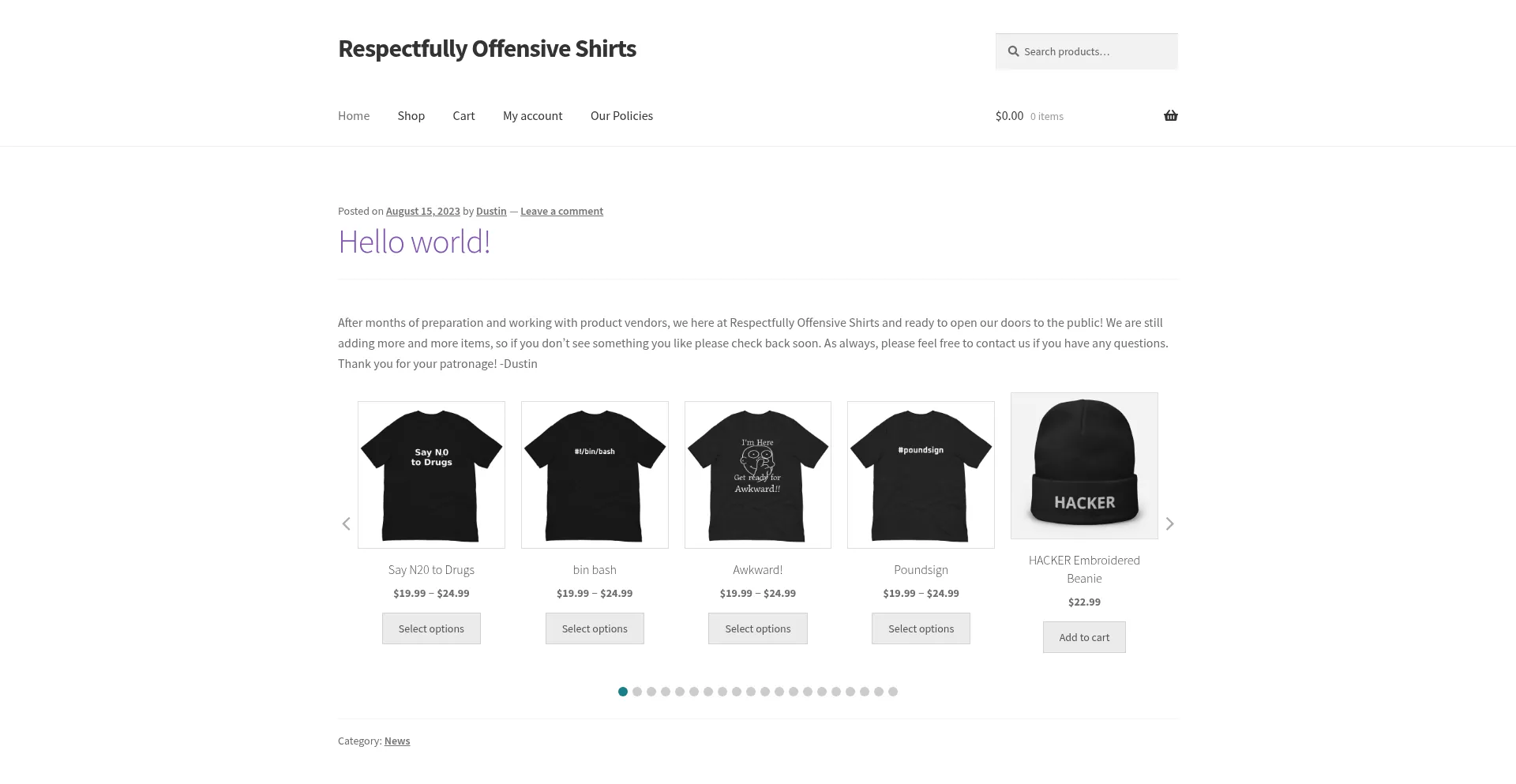 Website screenshot of Respectfullyoffensiveshirts.com