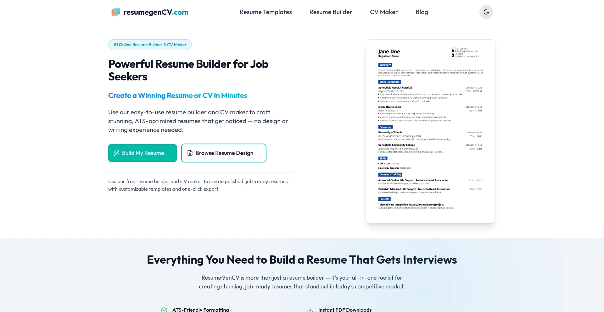 Website screenshot of Resumegencv.com