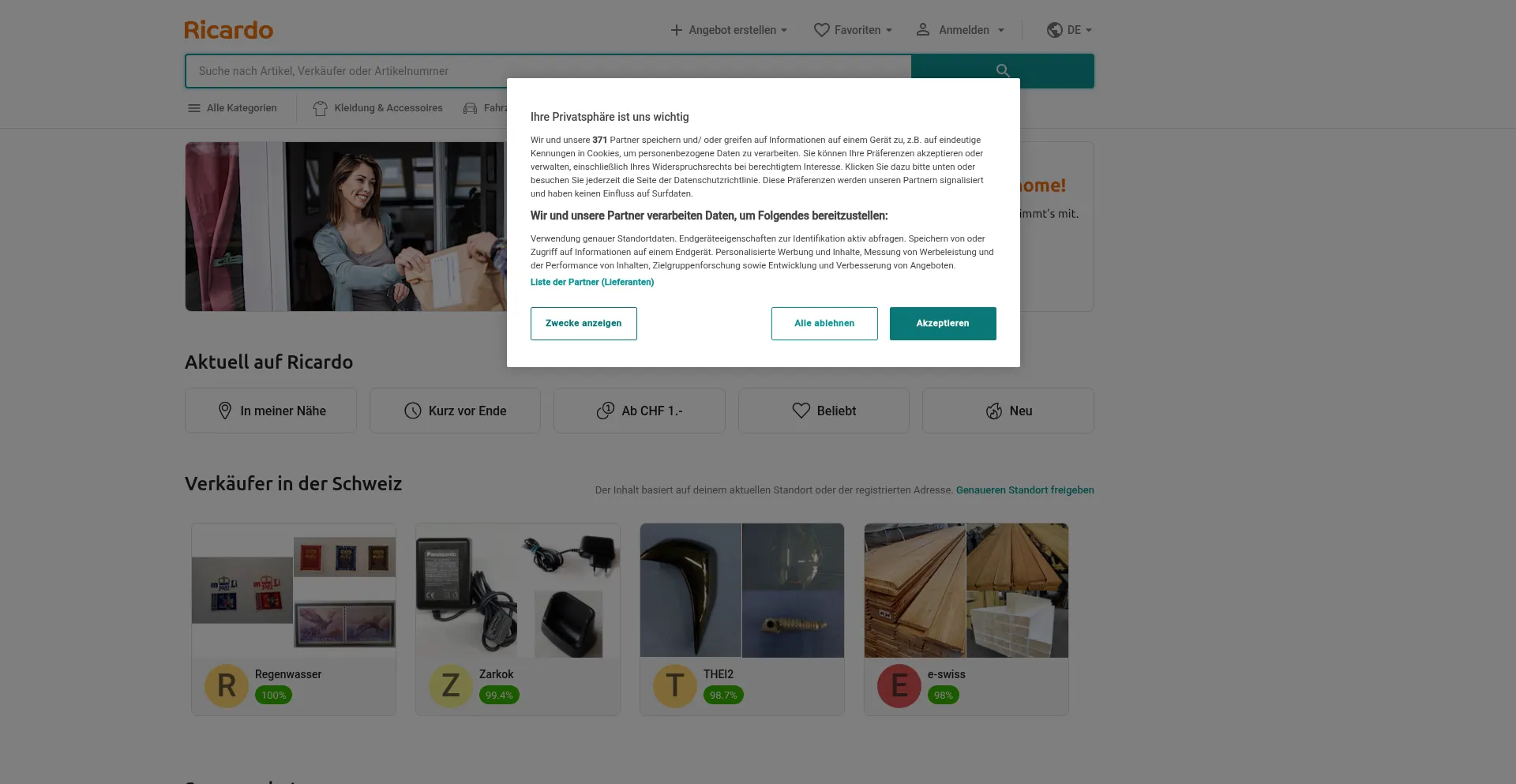 Website screenshot of Ricardo.ch