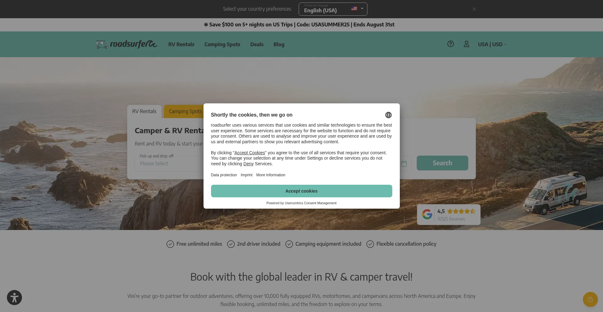 Website screenshot of Roadsurfer.com