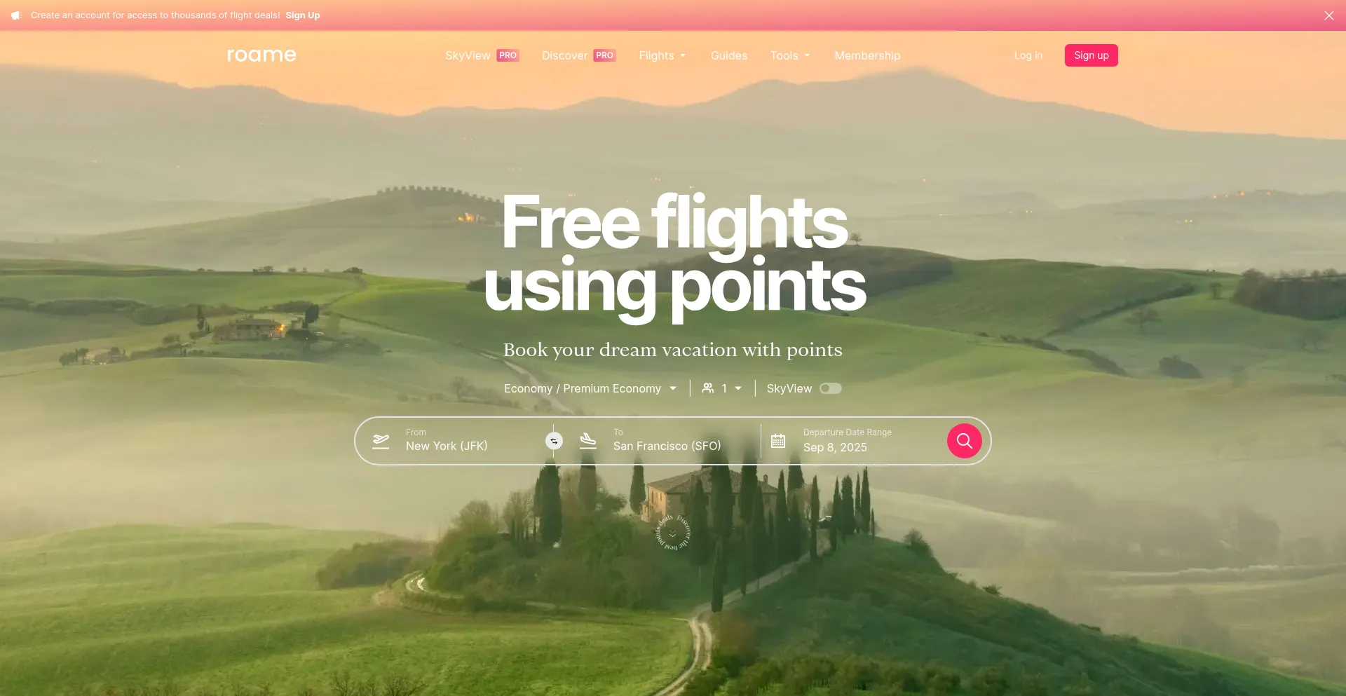 Website screenshot of Roame.travel